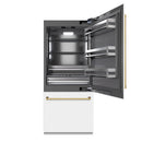 ZLINE Autograph Edition 36-Inch 19.8 Cu. Ft. Built-In Bottom Freezer Refrigerator with Water Dispenser and Ice Maker in White Matte with Graphite Gray Interior and Polished Gold Accents (GRBITZ-WM-36-G)