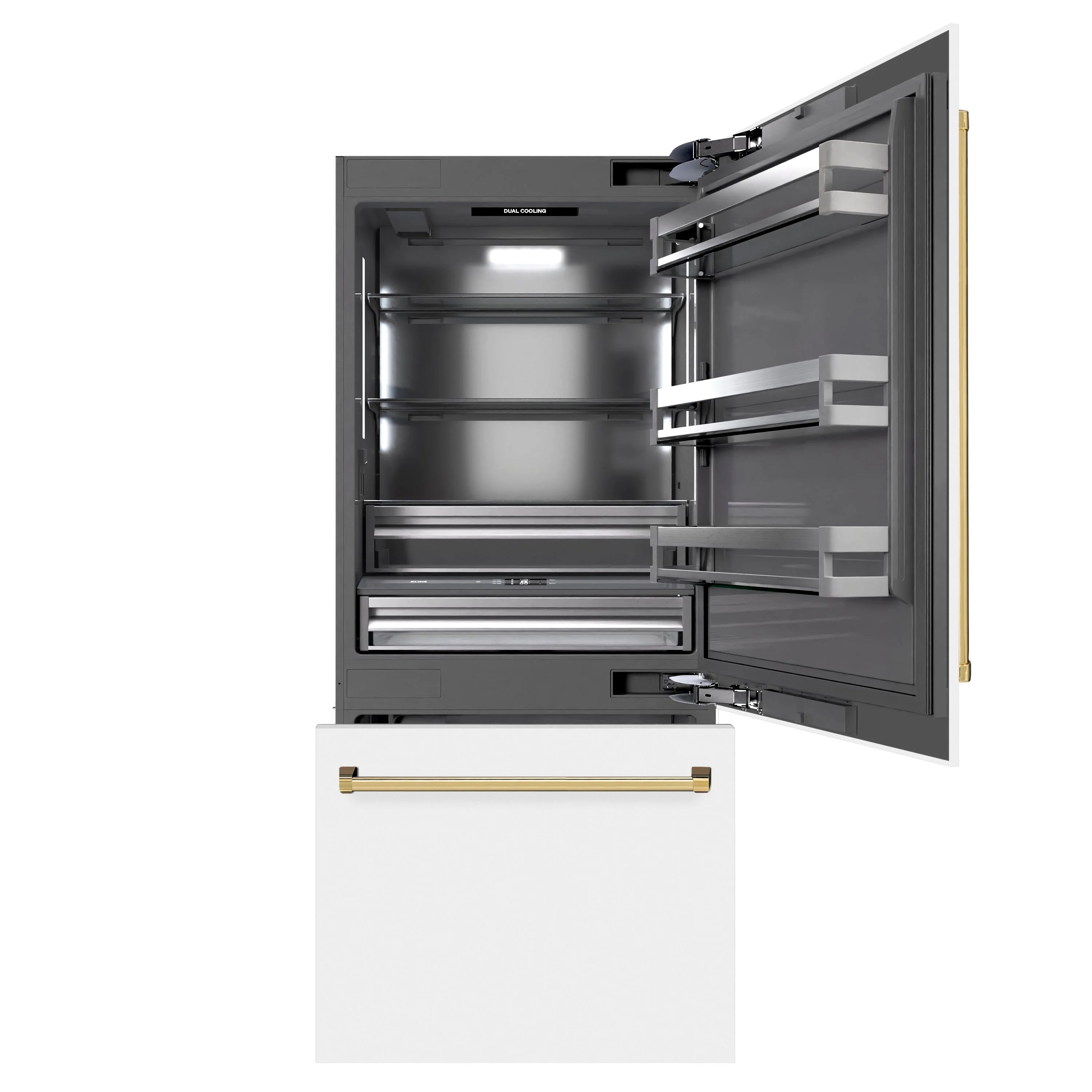 Bottom freezer refrigerator with both doors open, showing adjustable interior shelves