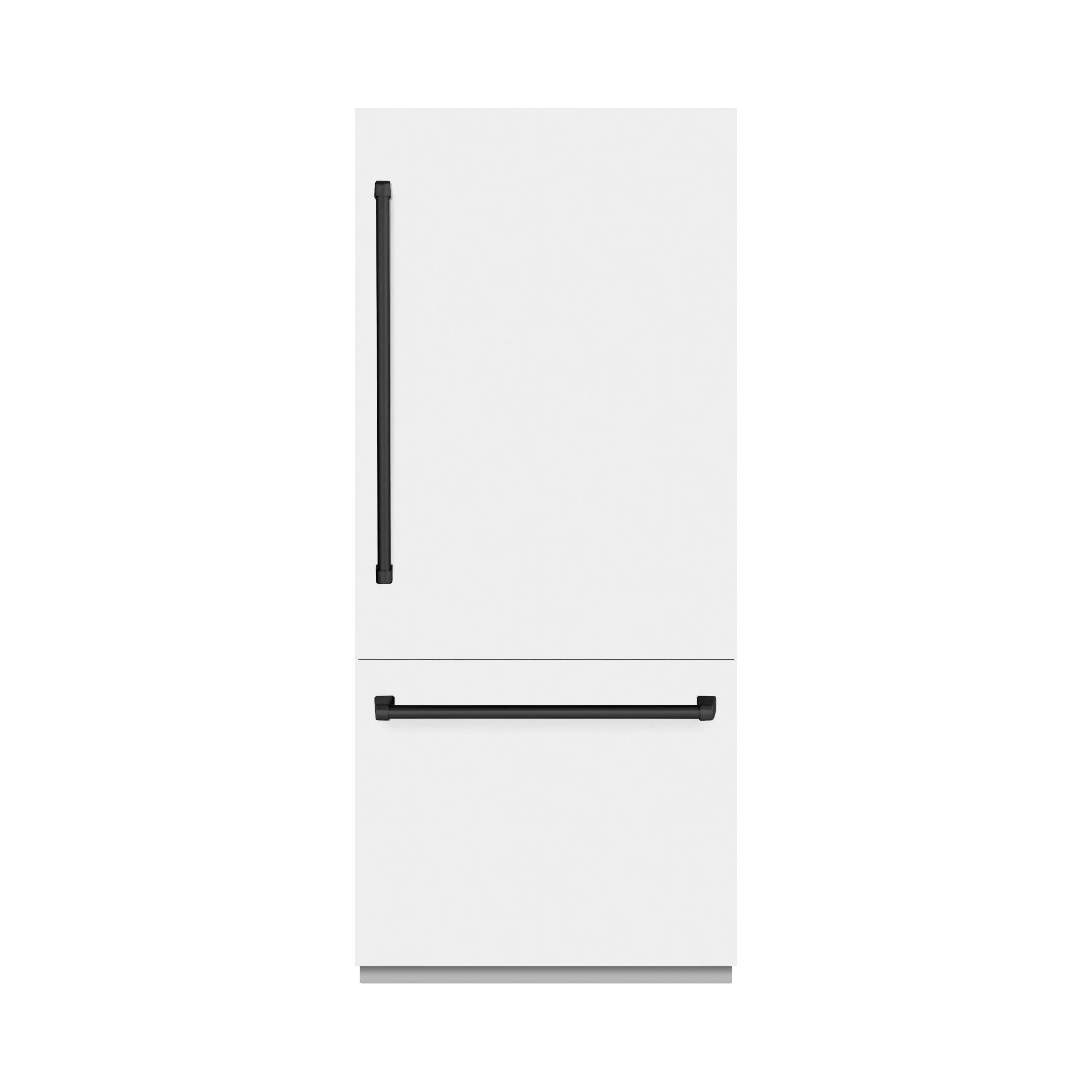 Bottom freezer refrigerator in matte white with dark handle and bottom freezer drawer