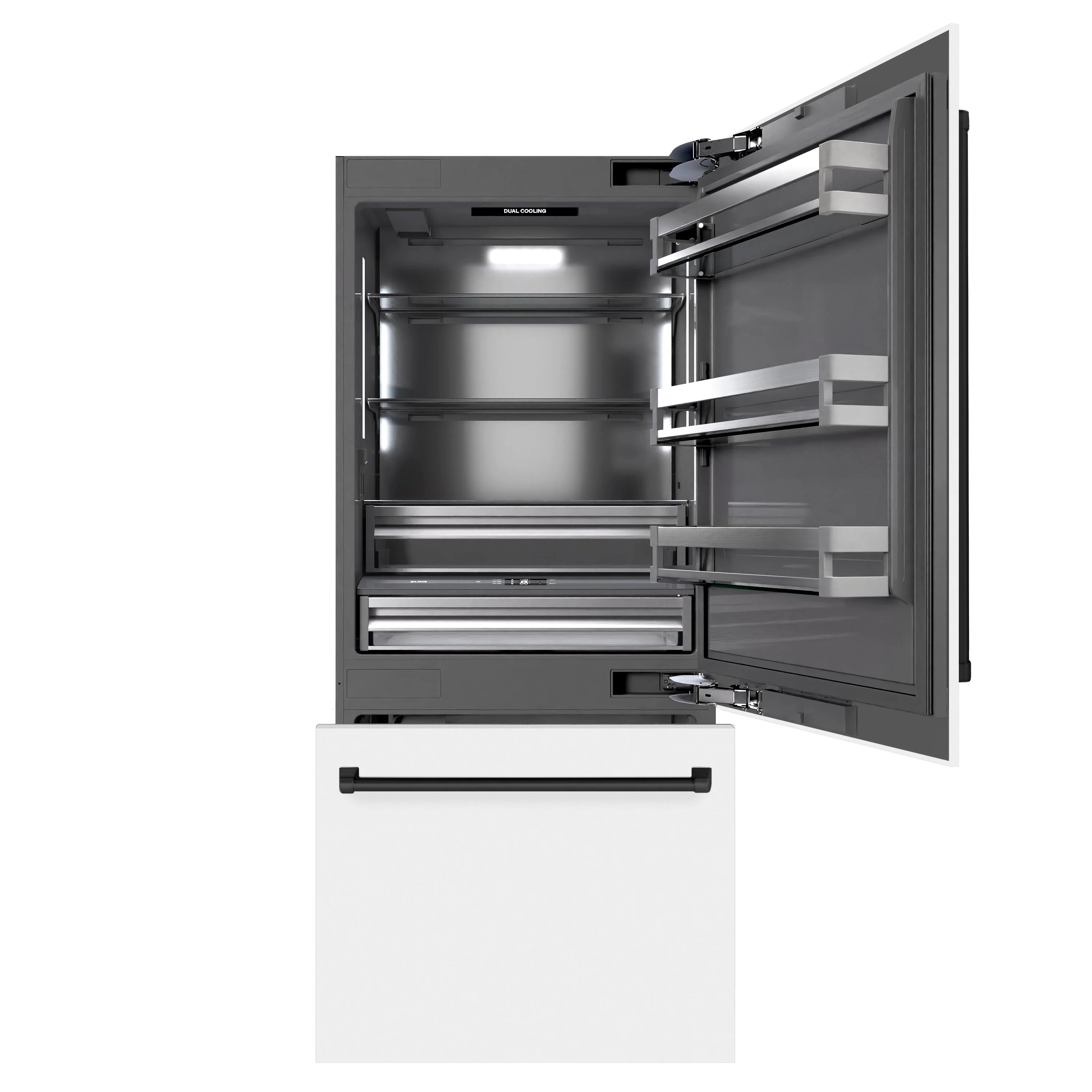 Refrigerator with open doors, showing shelves and drawers in a dark gray interior