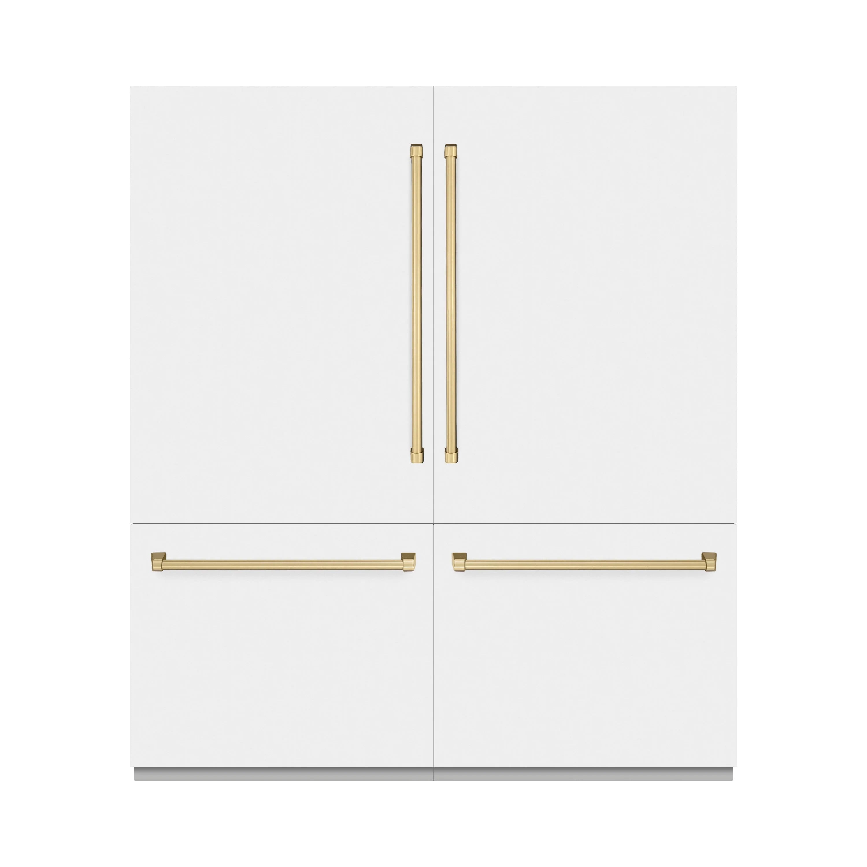 Matte white refrigerator doors with champagne bronze handle accents shown front view