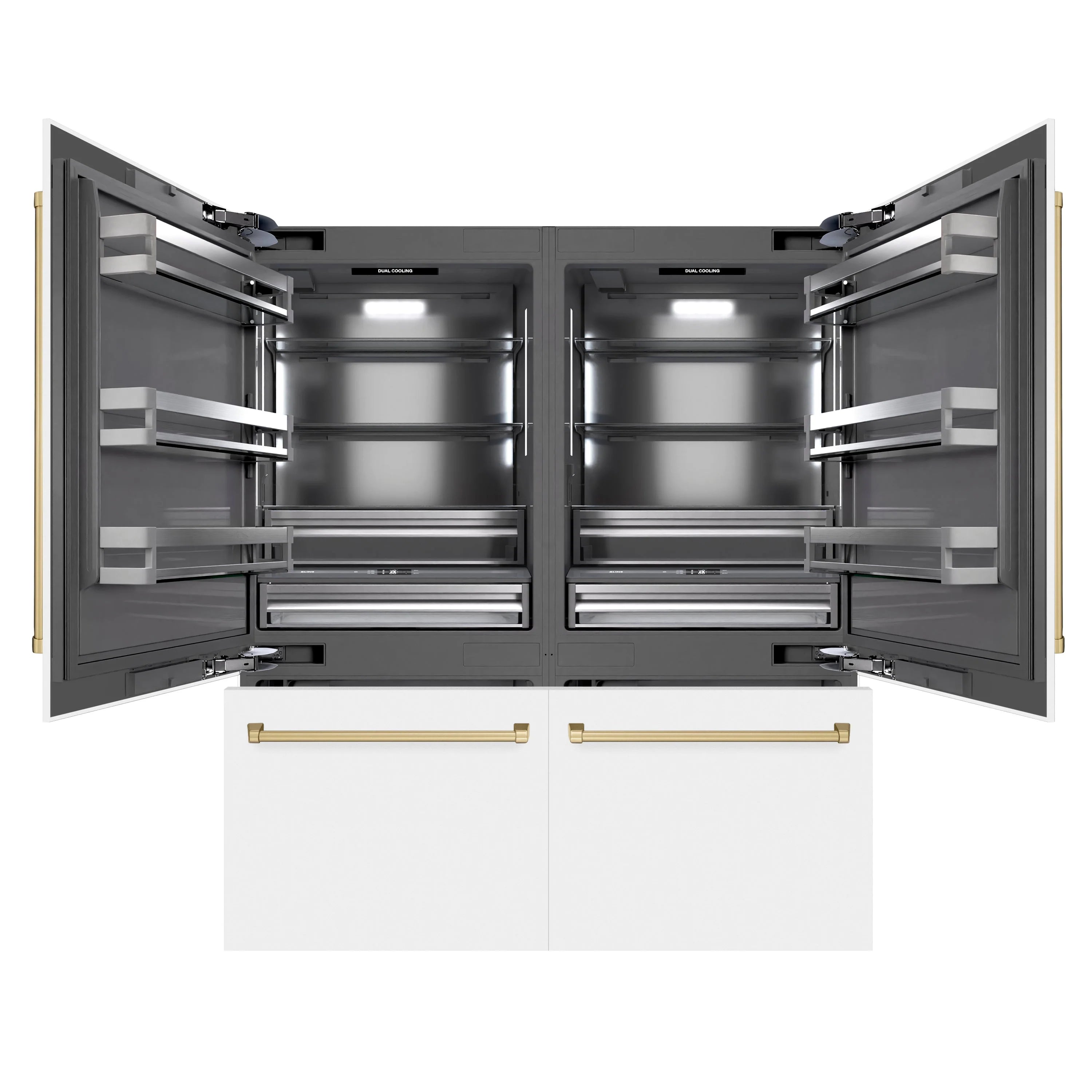 Open French door refrigerator with graphite-gray interior shelves and front lighting