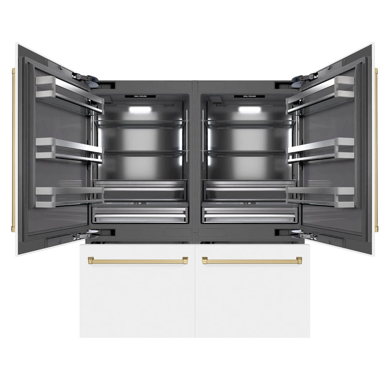 ZLINE Autograph Edition 72-Inch 39.6 Cu. Ft. French Door Built-In Bottom Freezer Refrigerator with Water Dispensers and Ice Makers in White Matte with Graphite Gray Interior and Champagne Bronze Accents (GRBITZ-WM-72-CB)