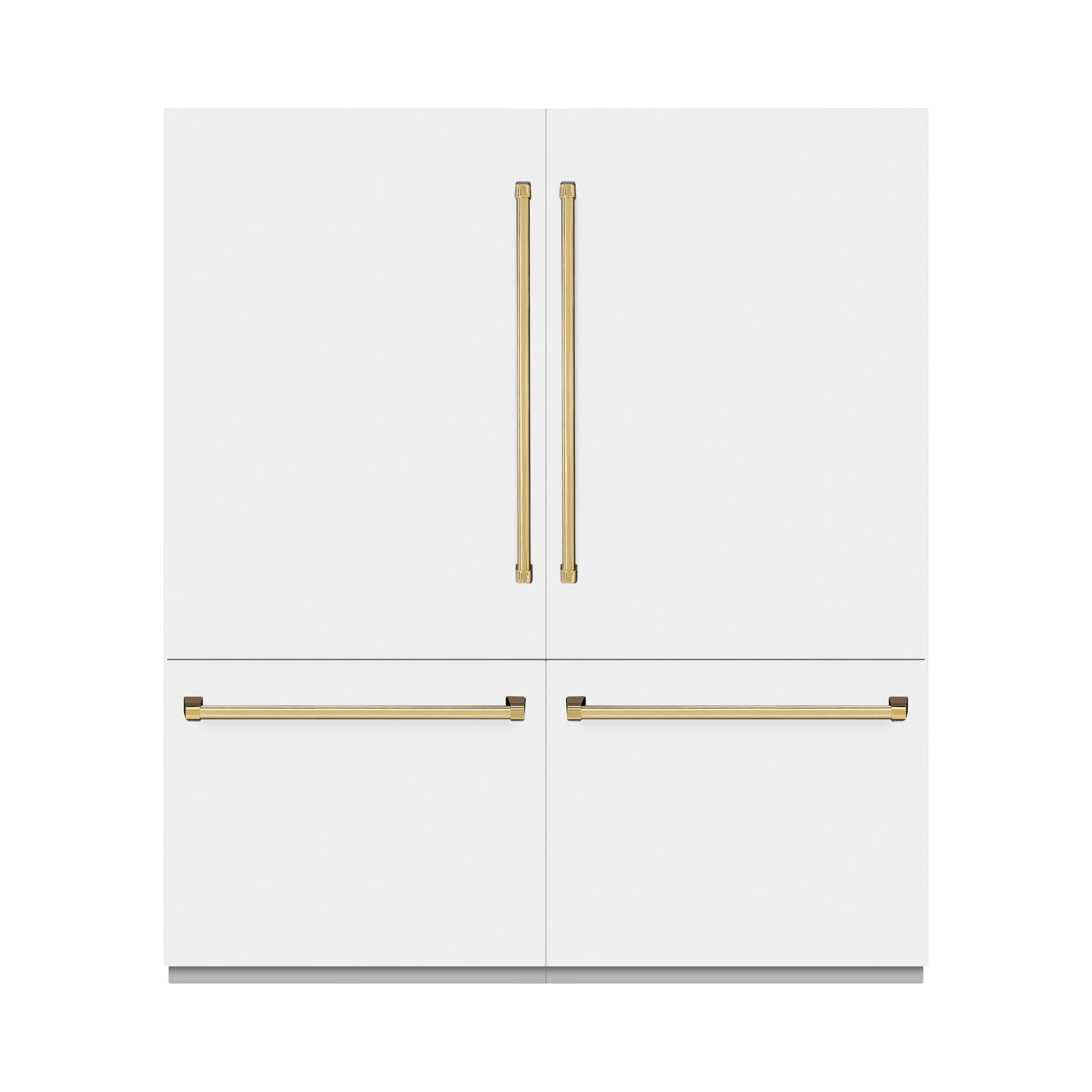 Pair of polished gold refrigerator handles and rails on white doors