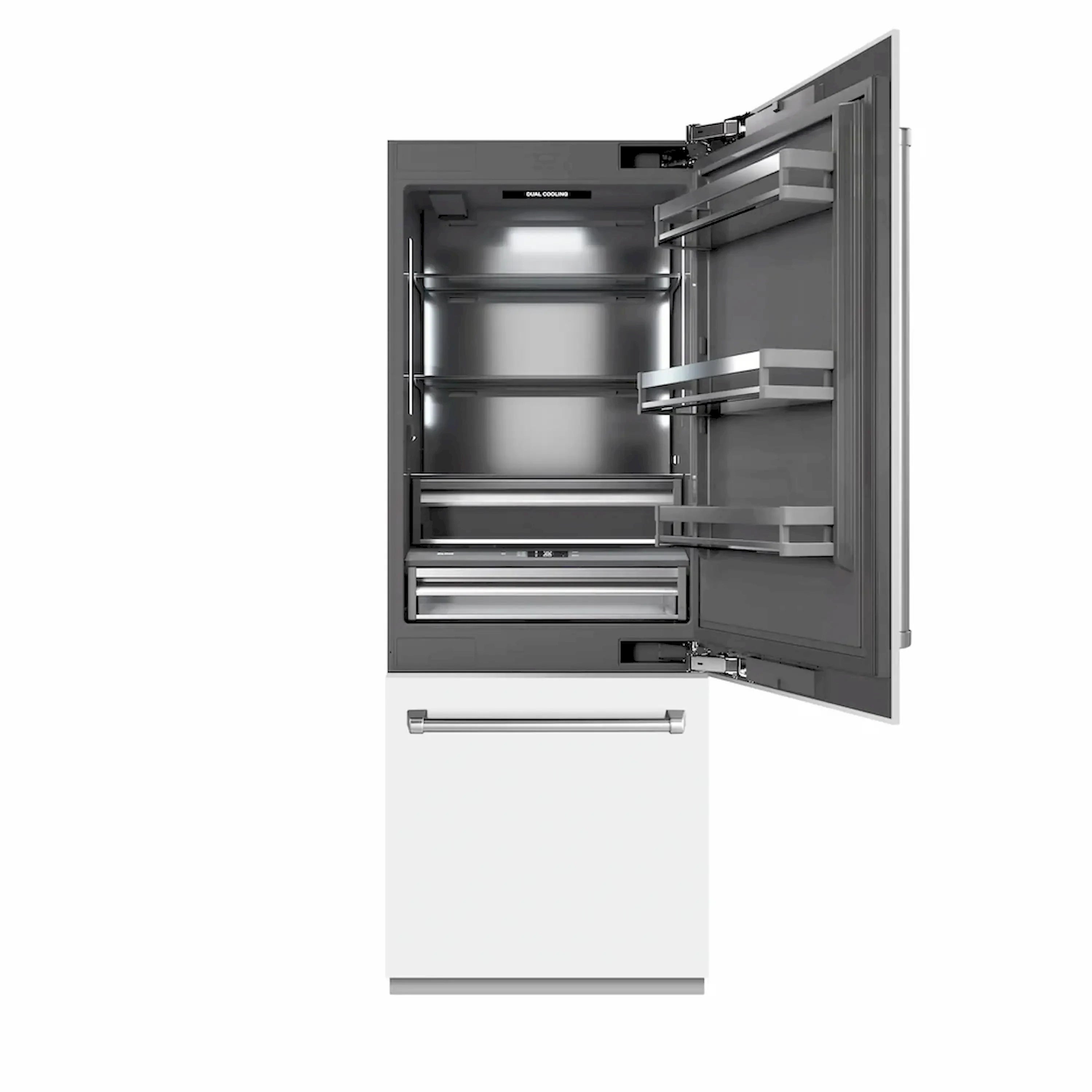Built-in refrigerator with open doors, showing freezer shelves and drawers