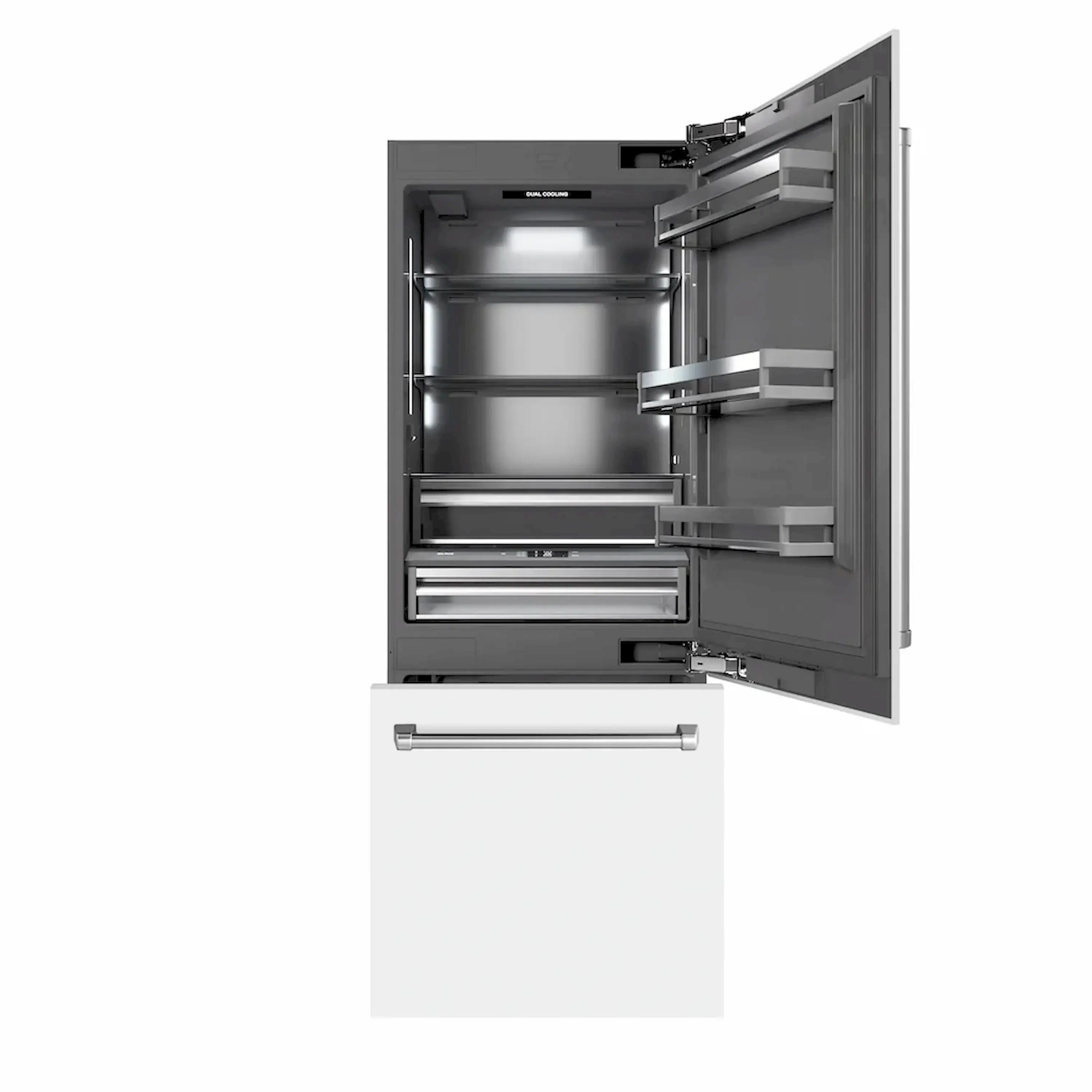 Built-in bottom freezer refrigerator with open compartment and interior shelving