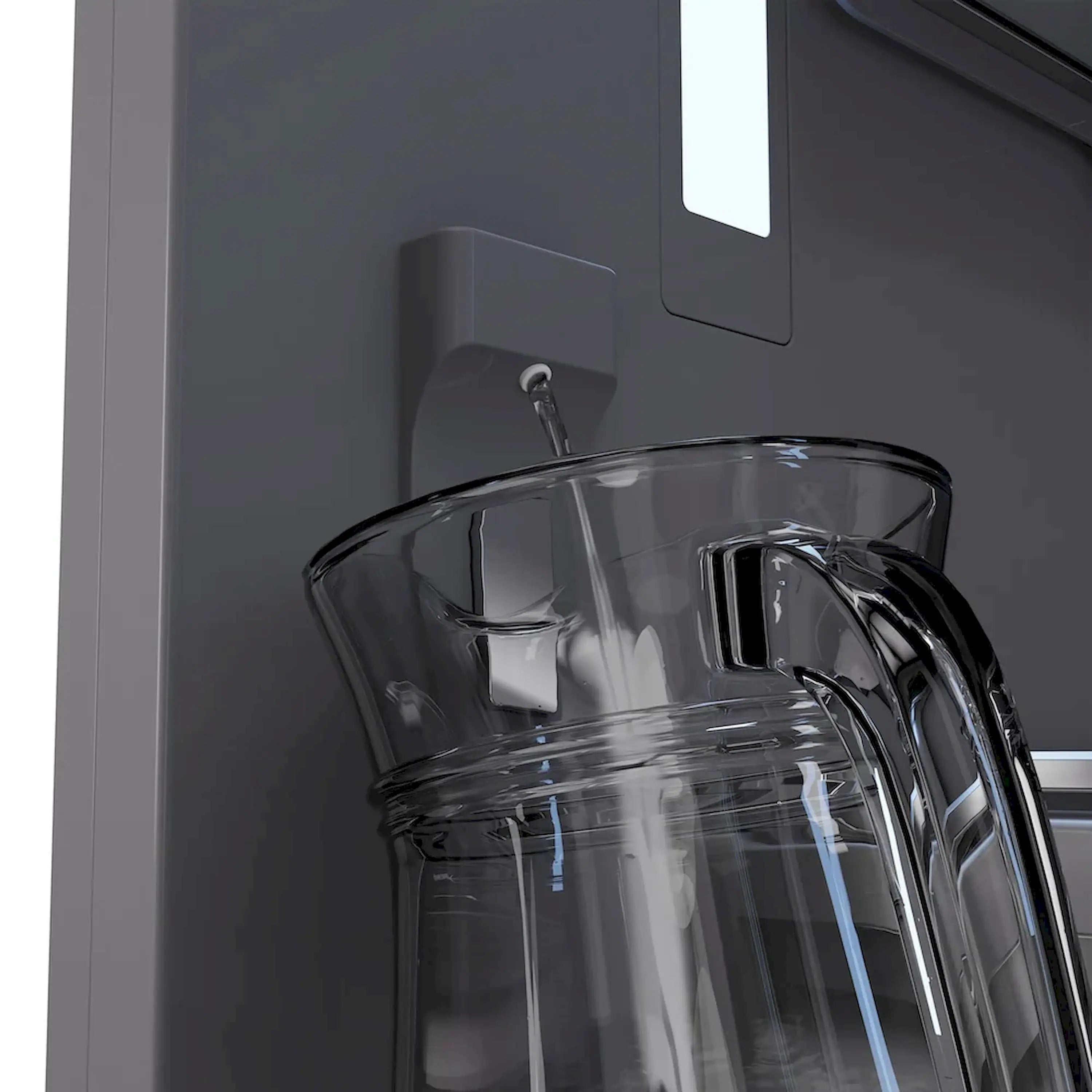 Water dispenser spout pouring into clear glass pitcher