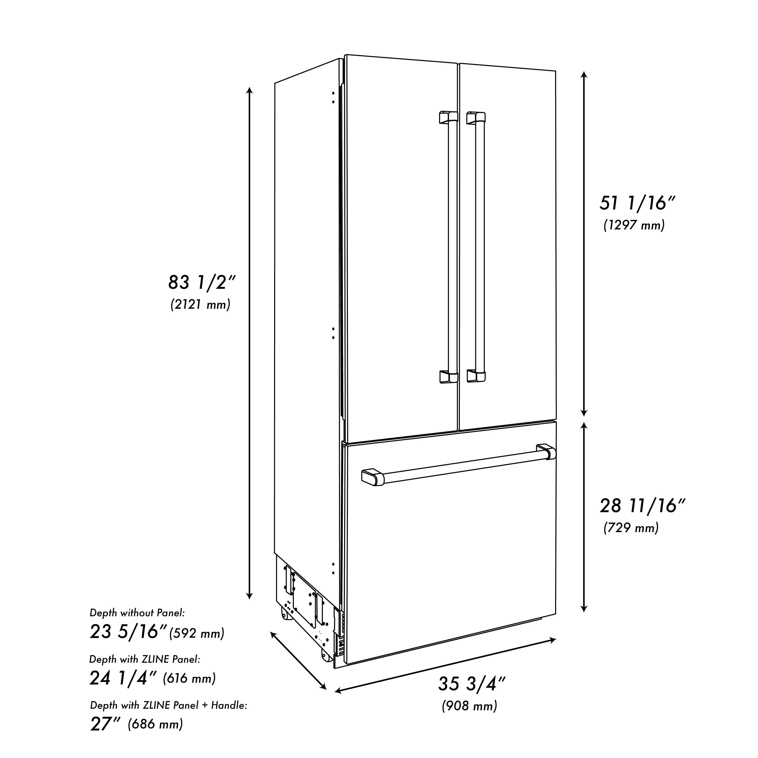 Refrigerator size diagram for French-door bottom freezer; height and depth labels