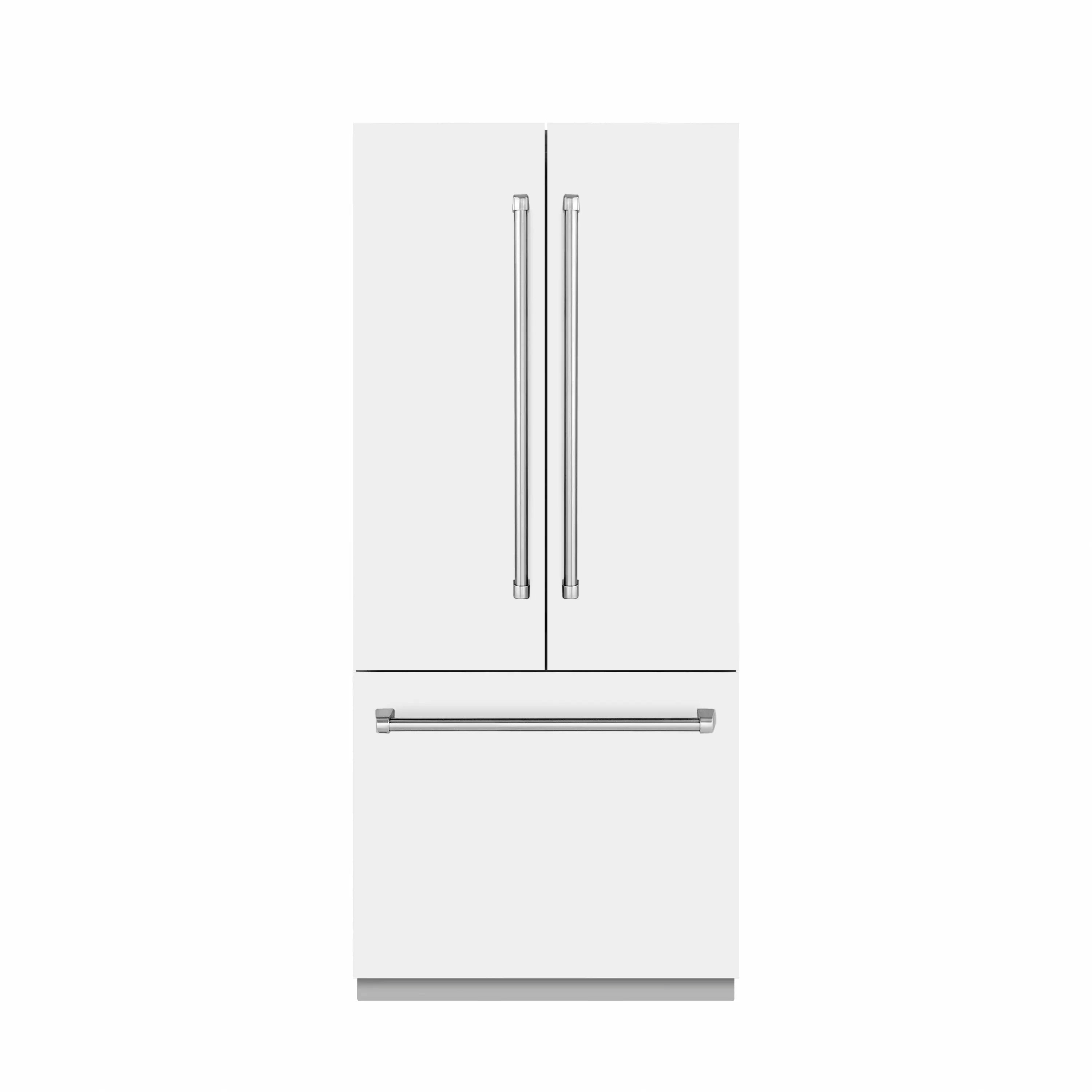 White matte French-door refrigerator with vertical handles and bottom freezer handle