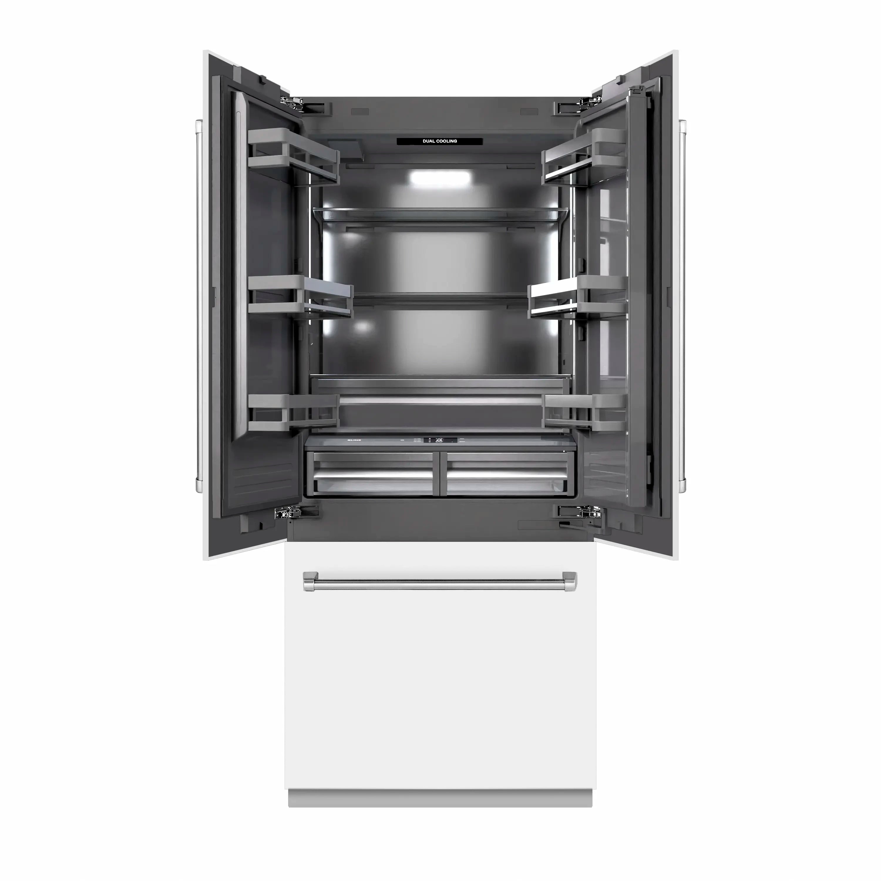 Built-in bottom freezer refrigerator with doors open, interior shelves and pull-out drawers