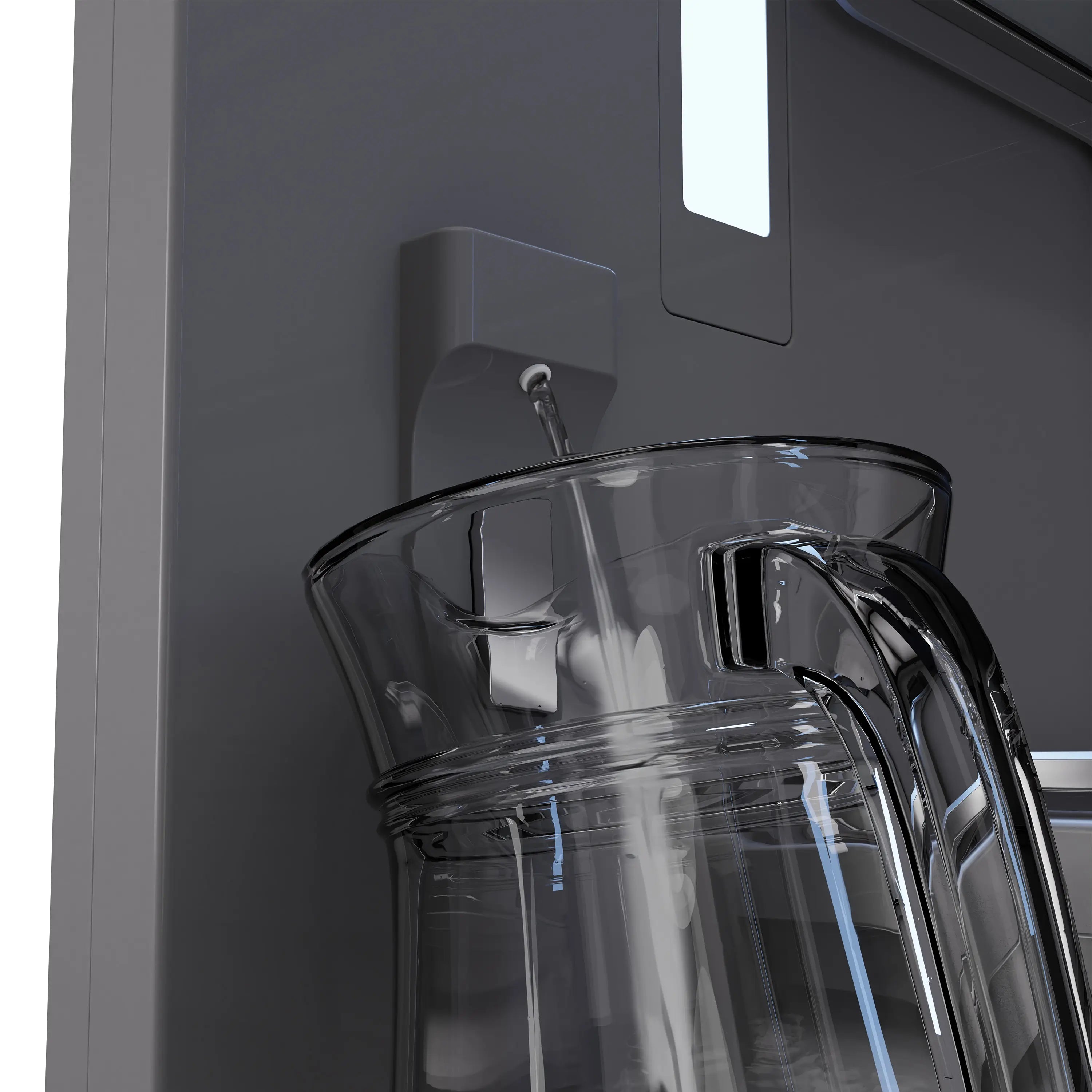 Refrigerator water dispenser spout pouring into a glass on the white door