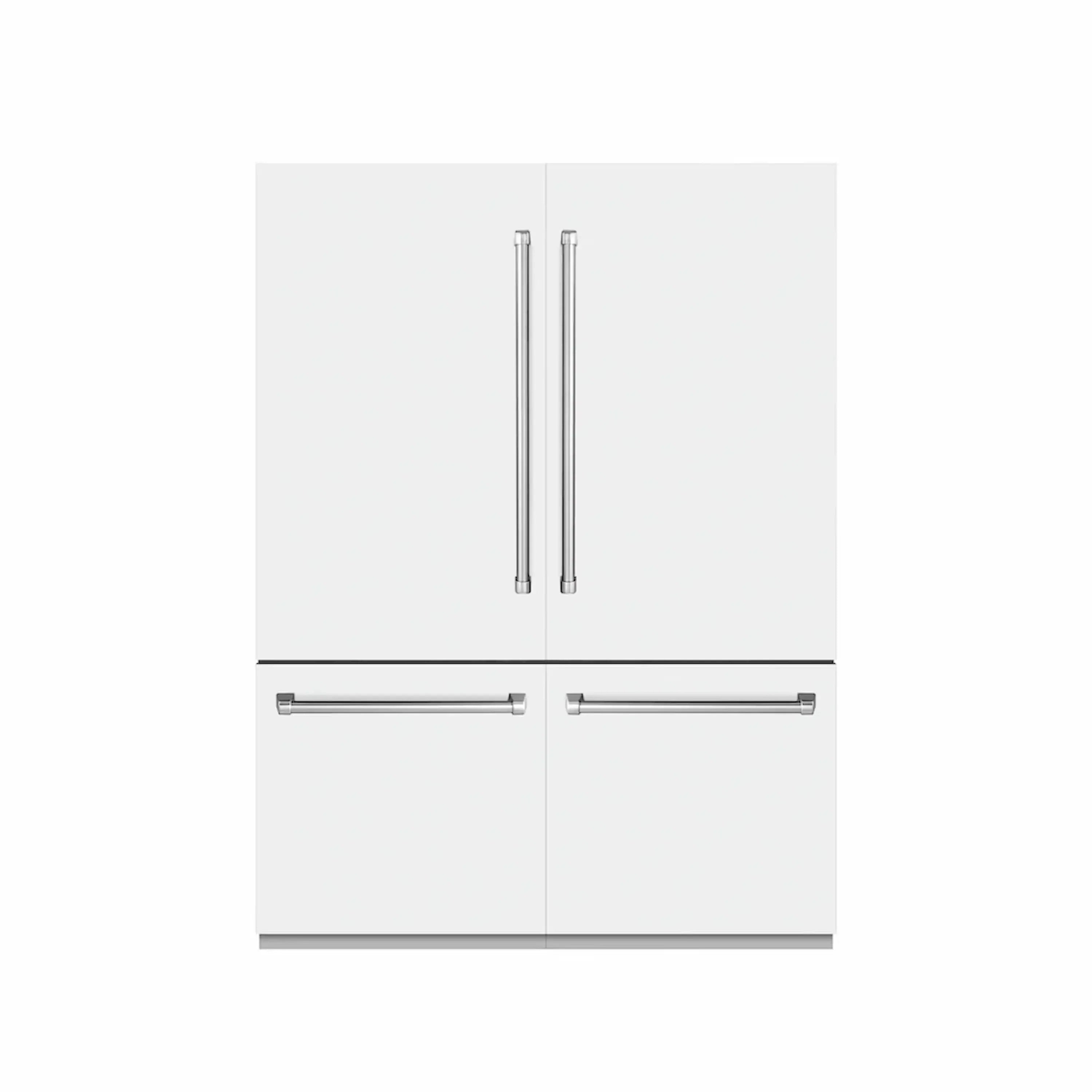 White matte French door refrigerator front with two vertical door handles