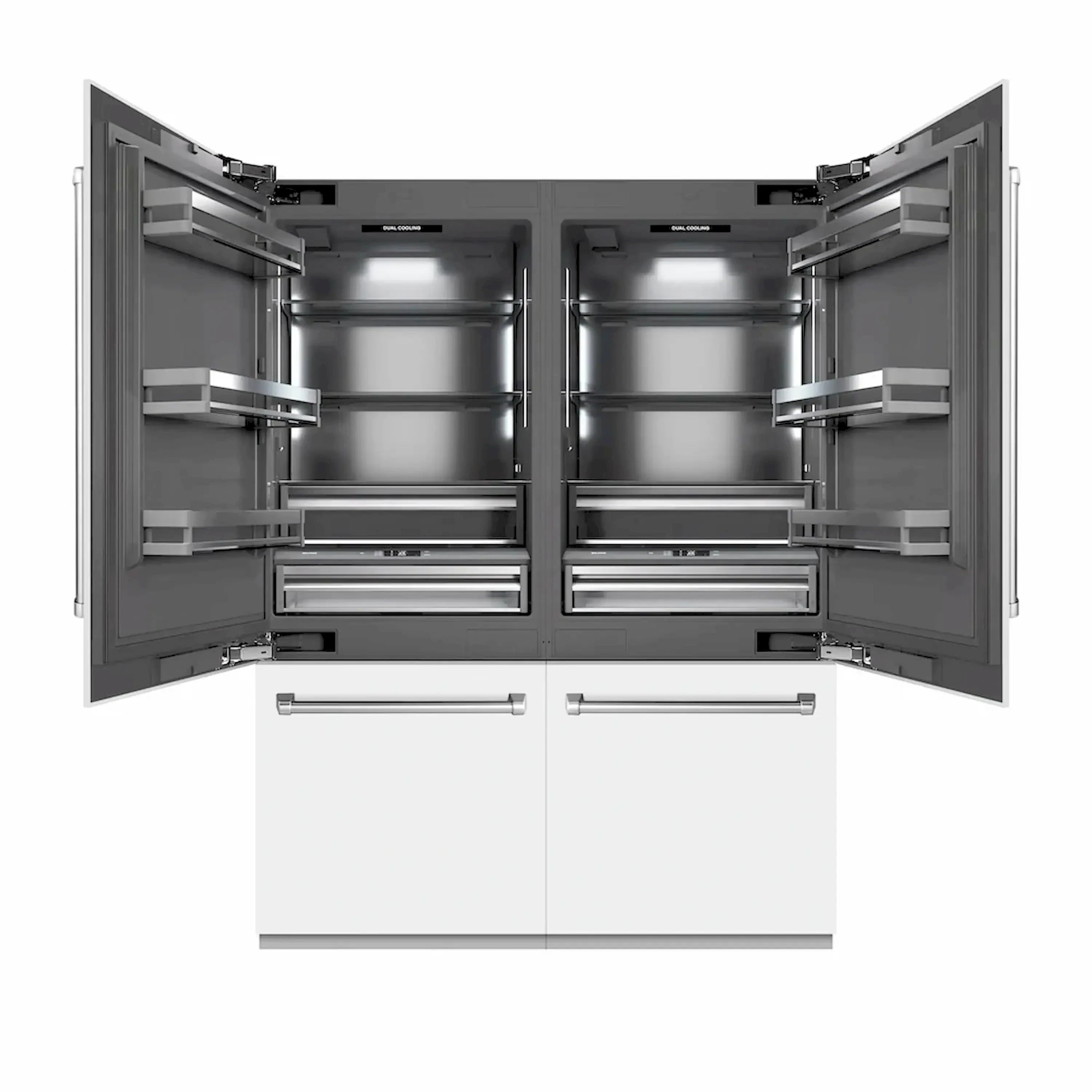 French door refrigerator with open compartments, shelves, and pull-out freezer drawers