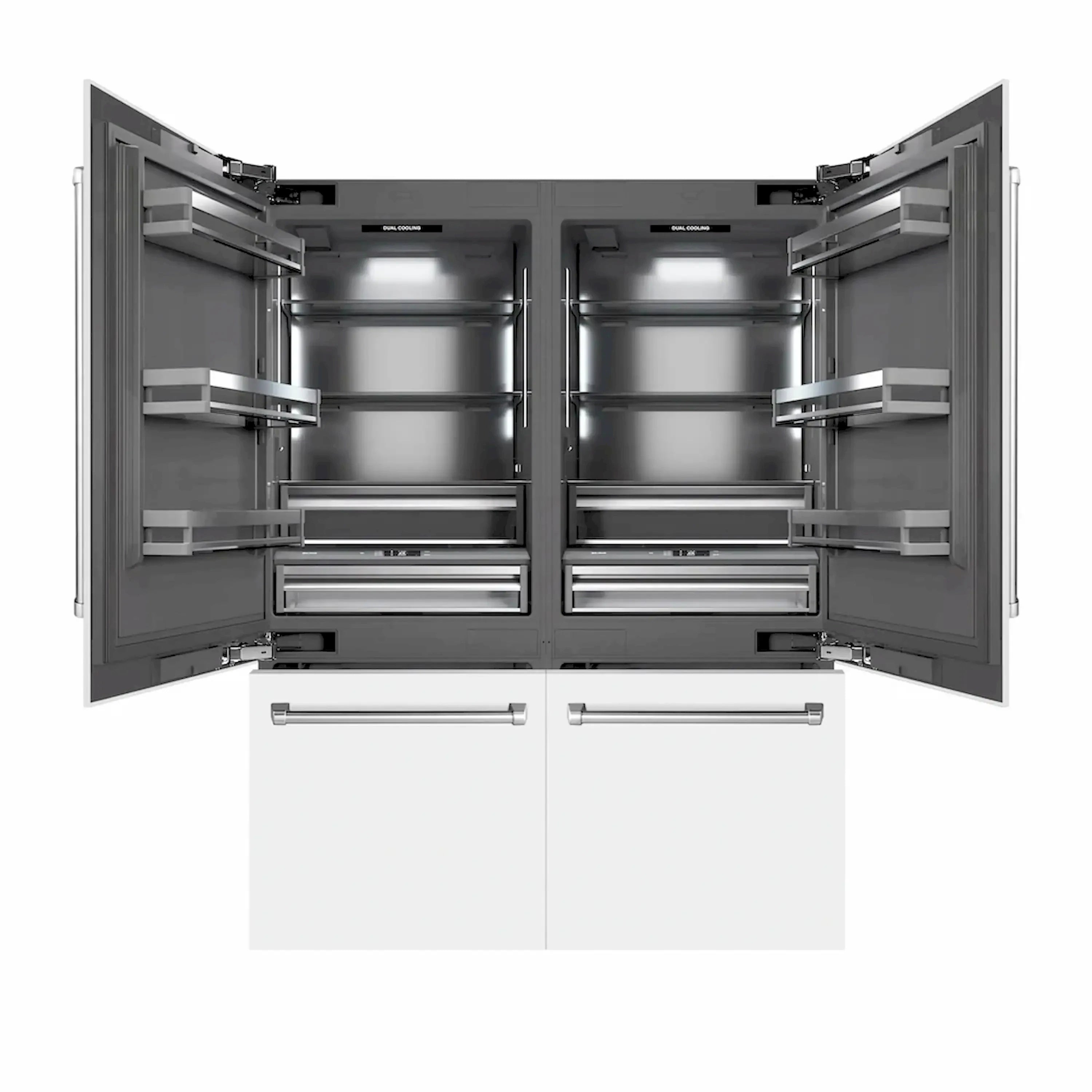 Open French door refrigerator showing interior shelves and two bottom freezer drawers