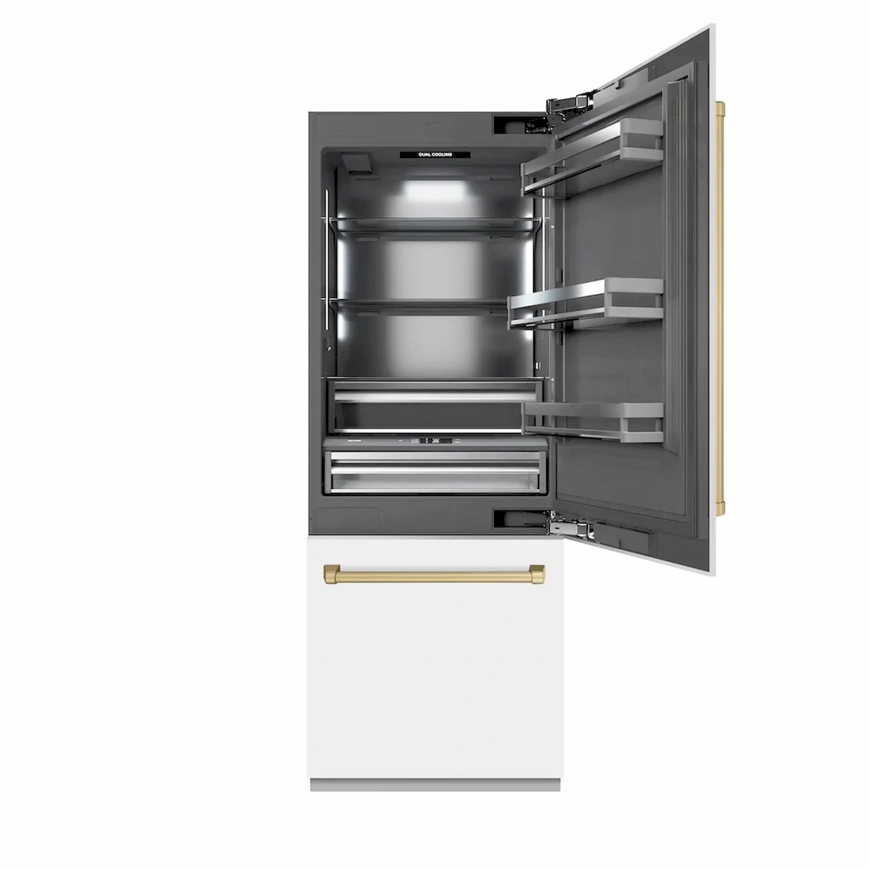 Opened refrigerator door revealing internal freezer shelves and drawers
