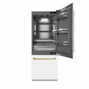 ZLINE Autograph Edition 30-Inch 16.1 cu. ft. Built-In Bottom Freezer Refrigerator with Water Dispenser and Ice Maker in White Matte with Graphite Gray Interior and Champagne Bronze Accents (GRBIVZ-WM-30-CB)