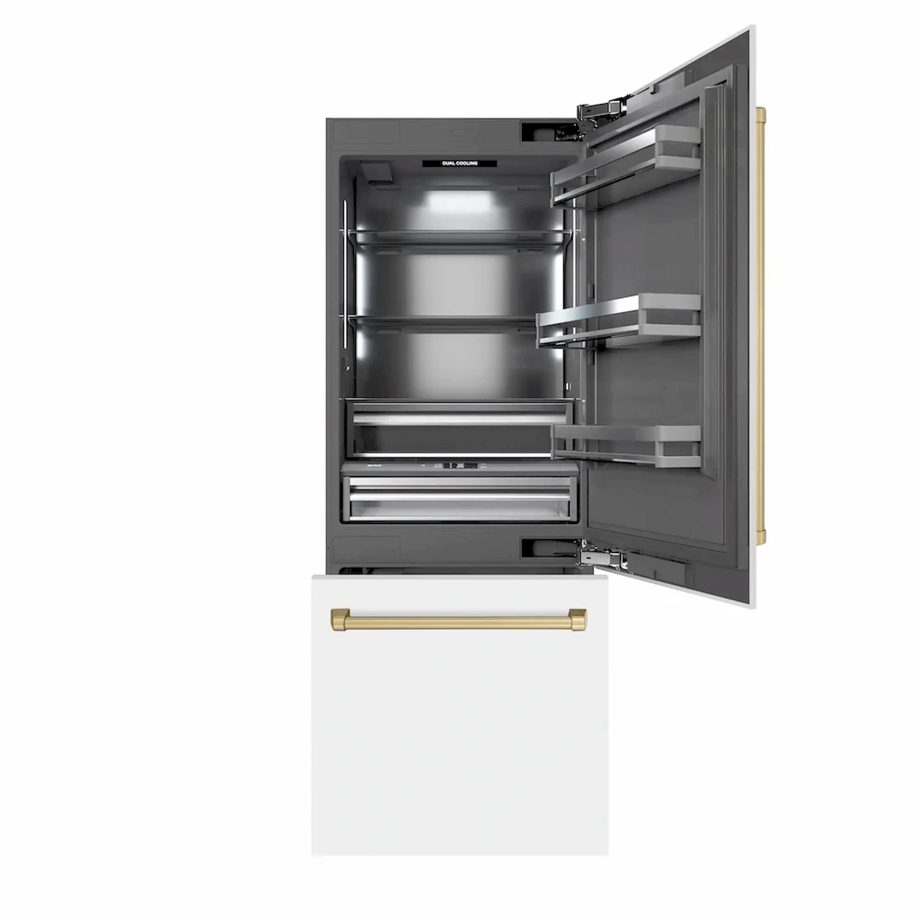 Open bottom freezer compartment with wire shelves and metal storage baskets