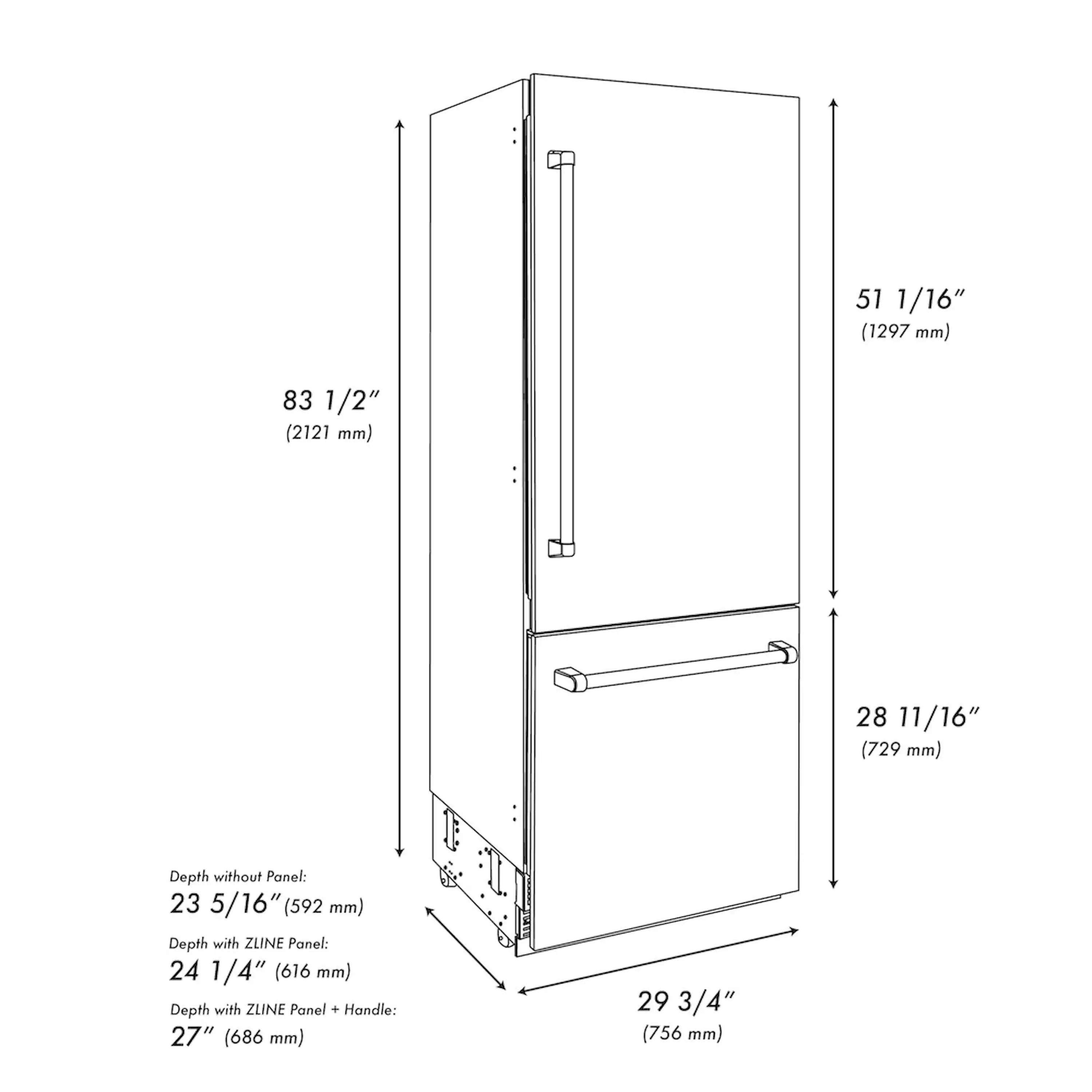 Refrigerator installation diagram with exterior dimensions and handle measurements