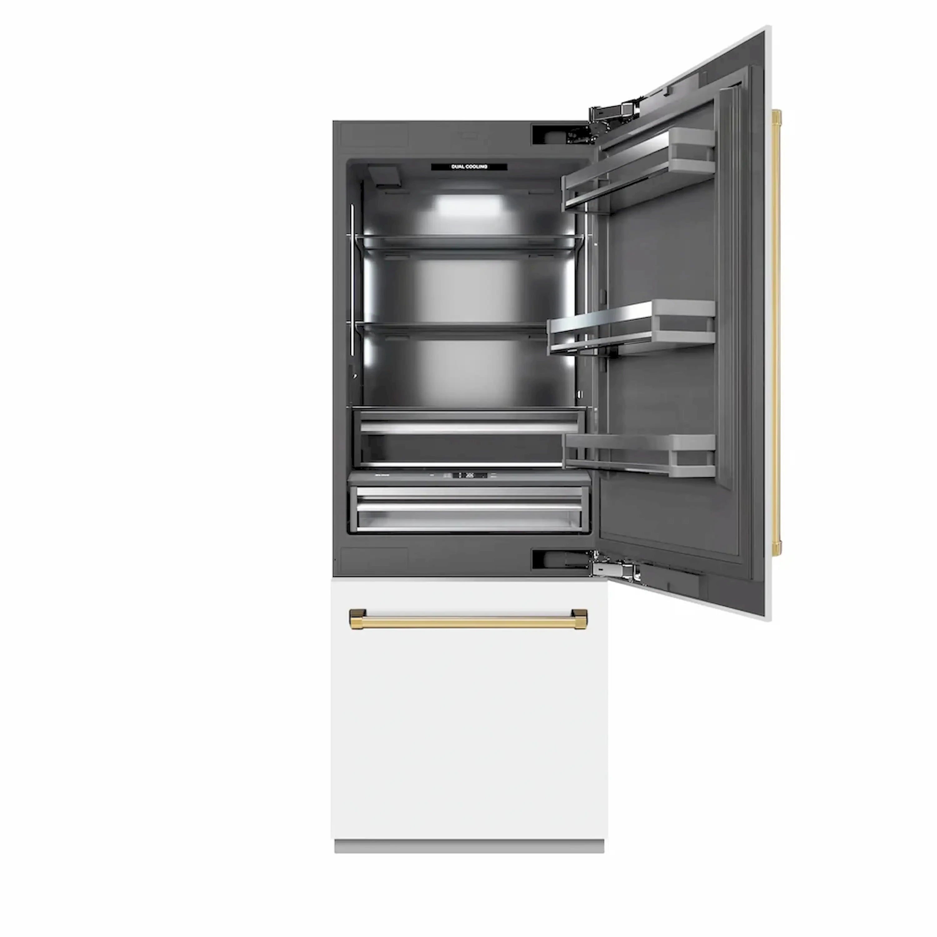 Open-door built-in refrigerator showing graphite interior bins and side racks