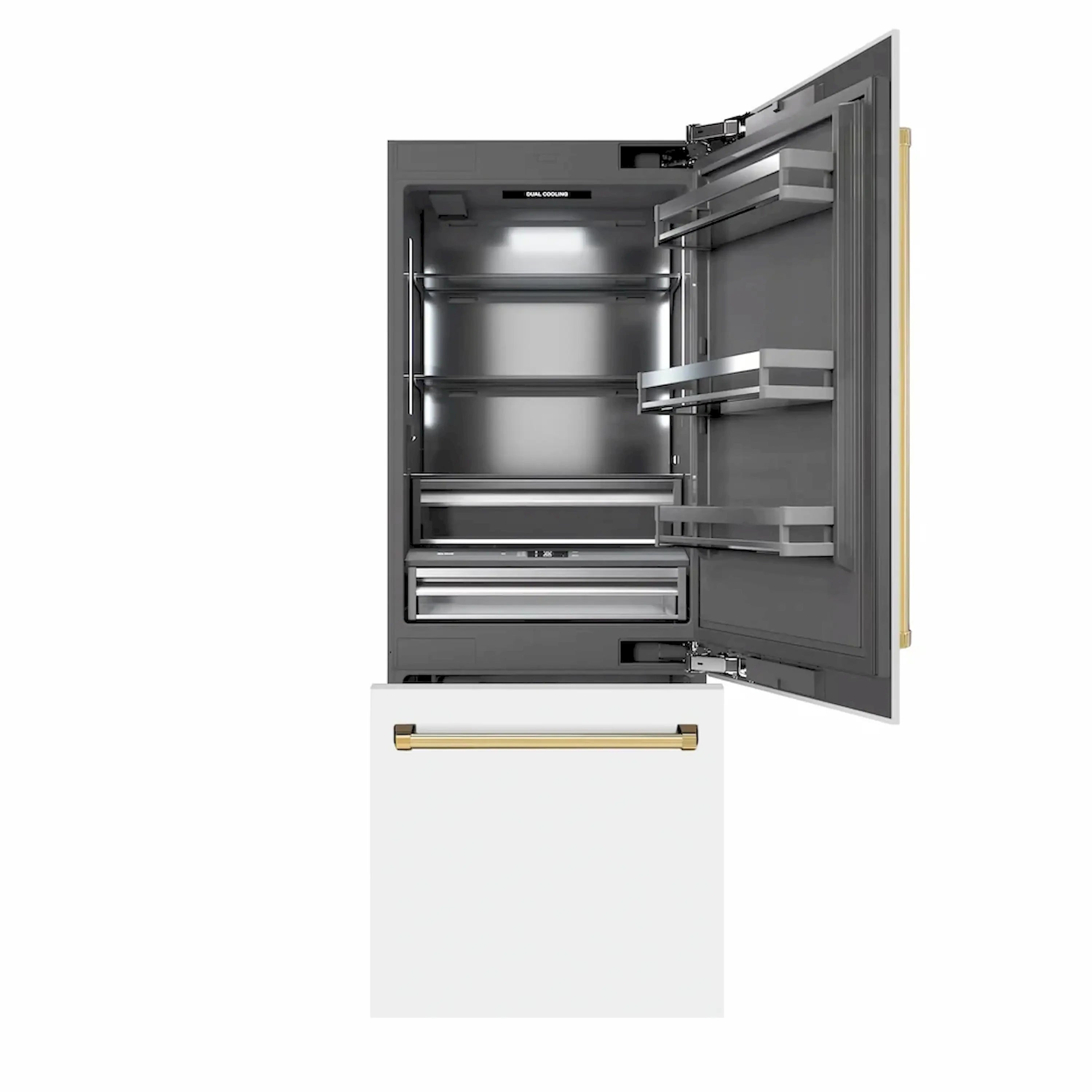 Built-in refrigerator with bottom freezer open, graphite interior shelves and drawers