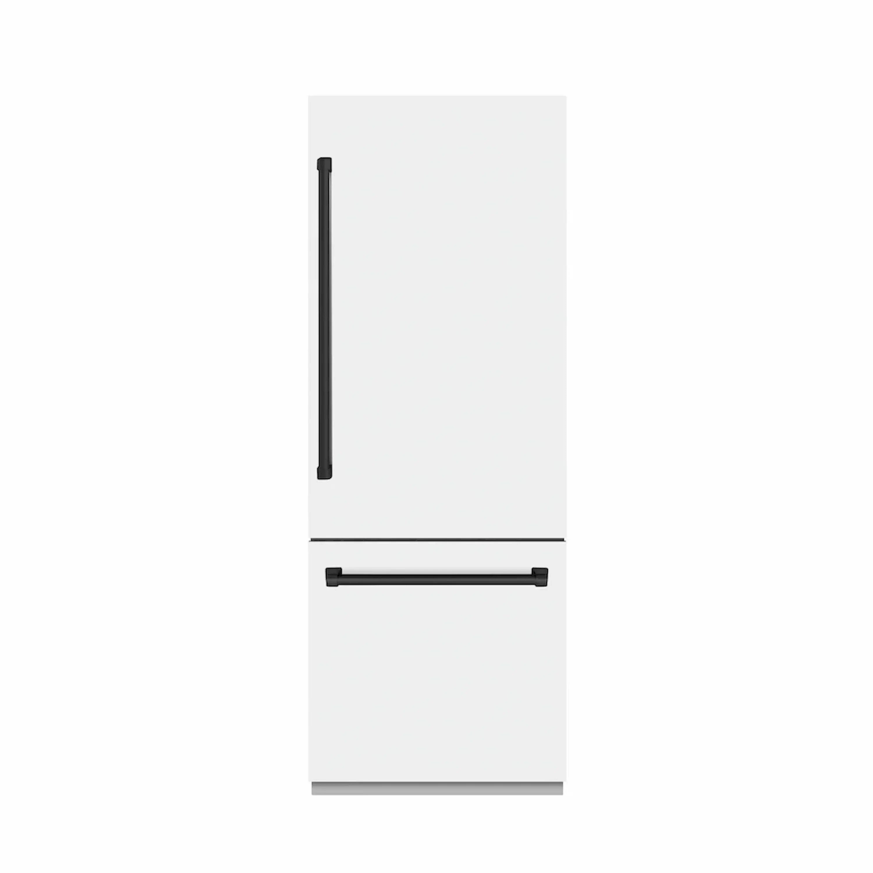 White refrigerator with long vertical and horizontal matte black bar handles