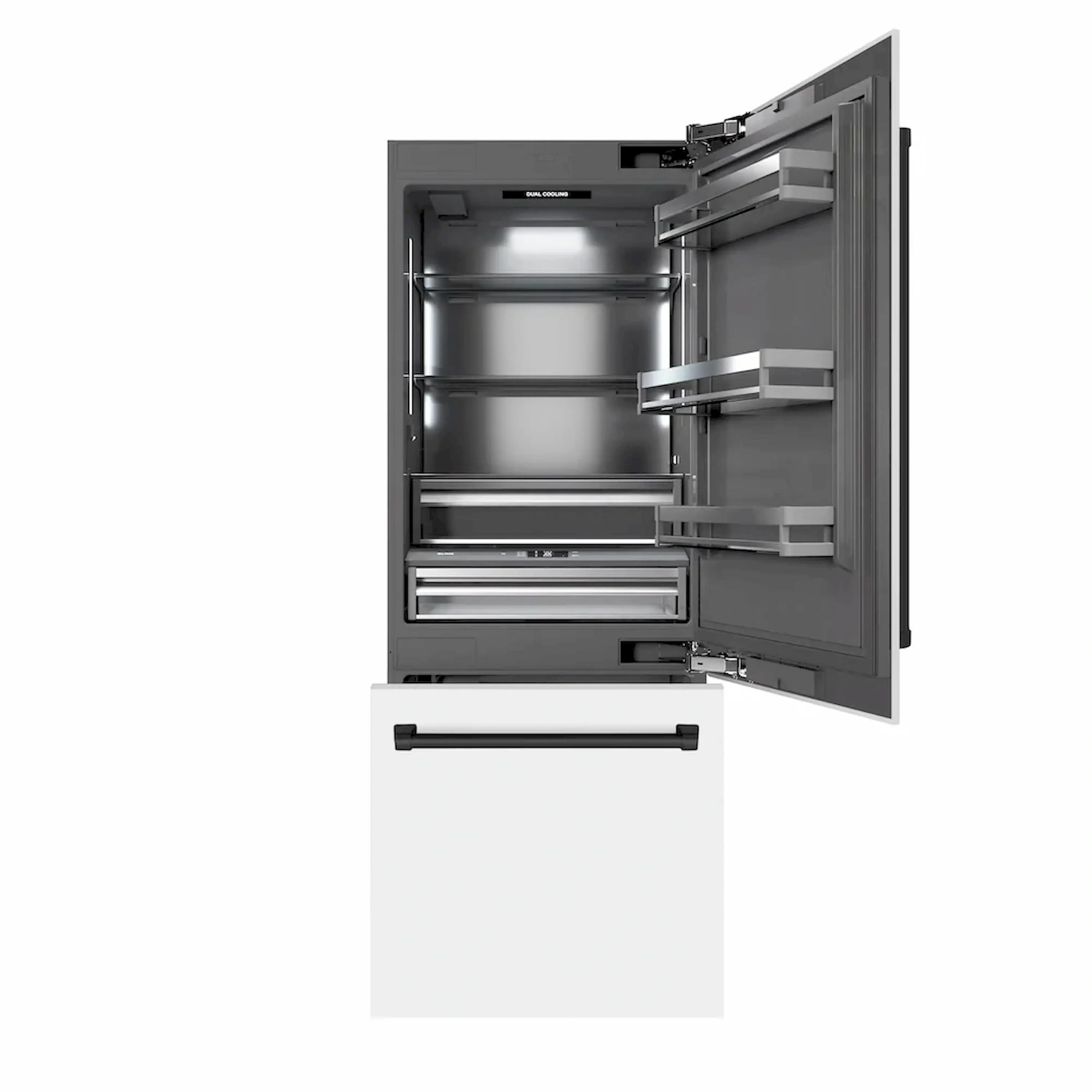 Open white refrigerator showing upper storage shelves and bottom freezer drawer with handle