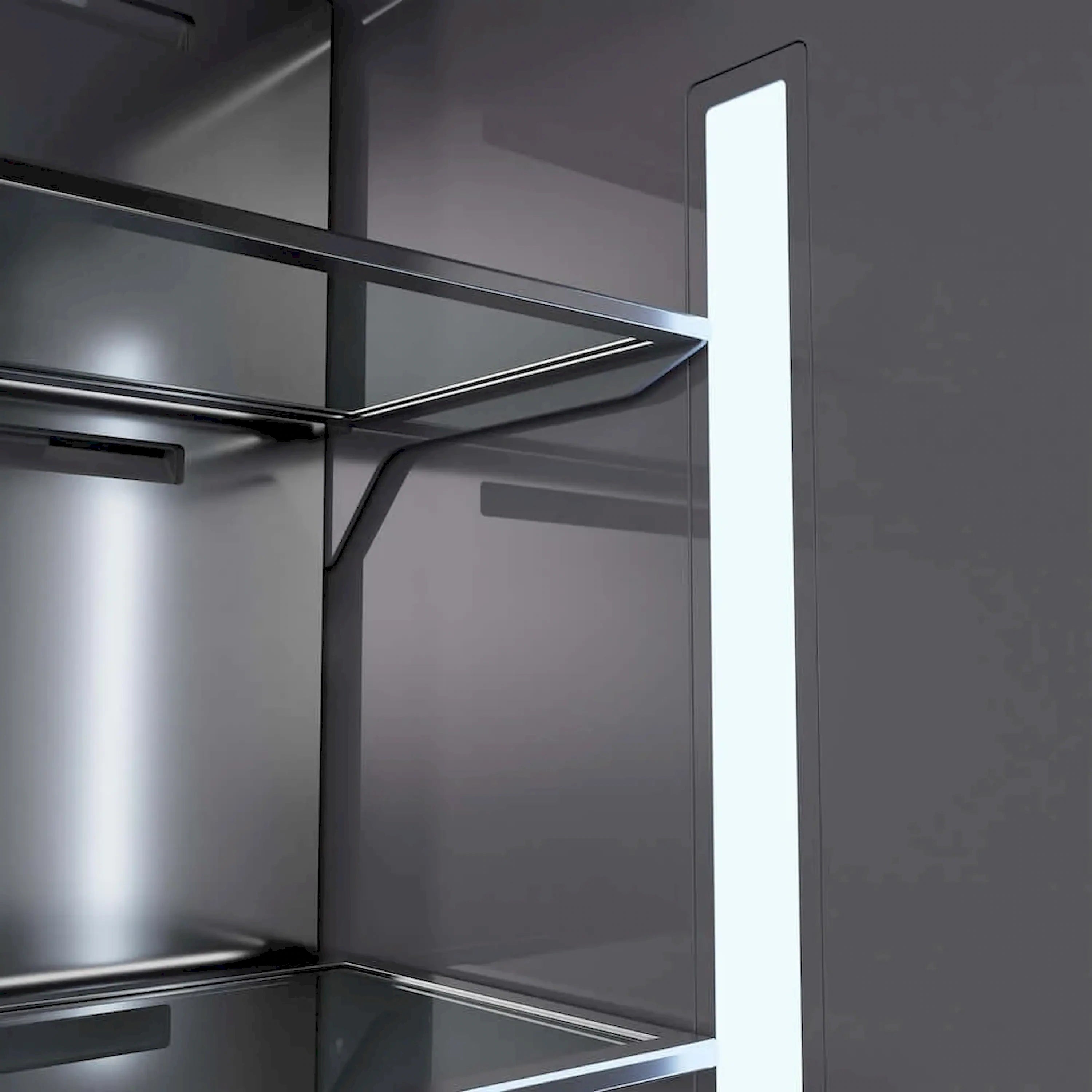 Refrigerator interior door shelf and gray side wall with metal rail supports