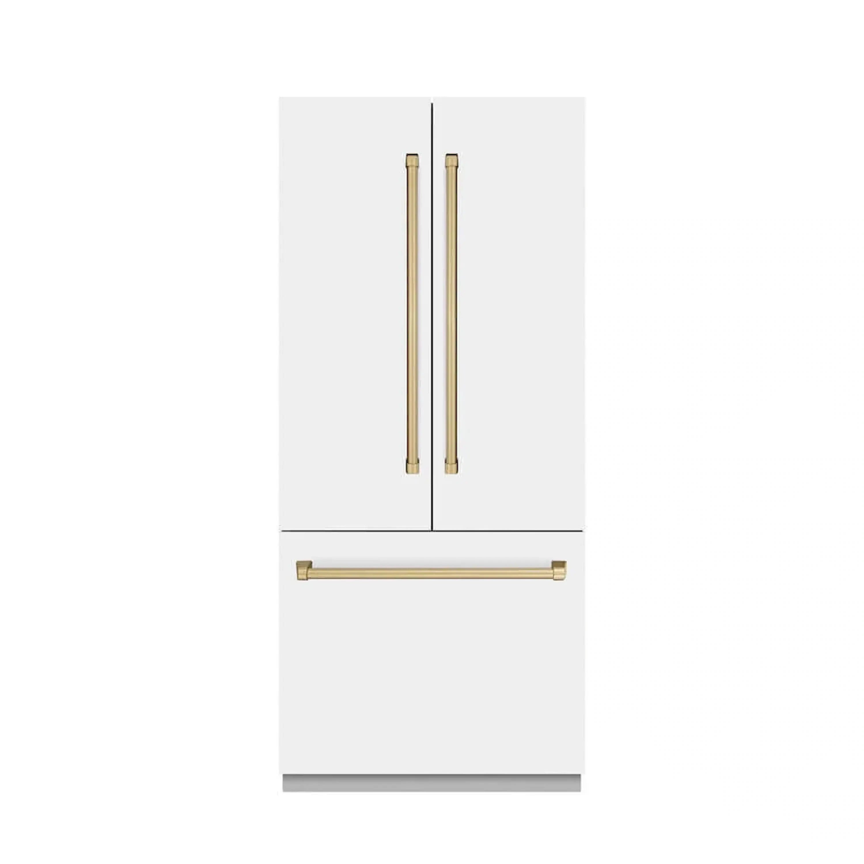 White refrigerator with tall French-door pulls in champagne bronze and a matching bottom bar