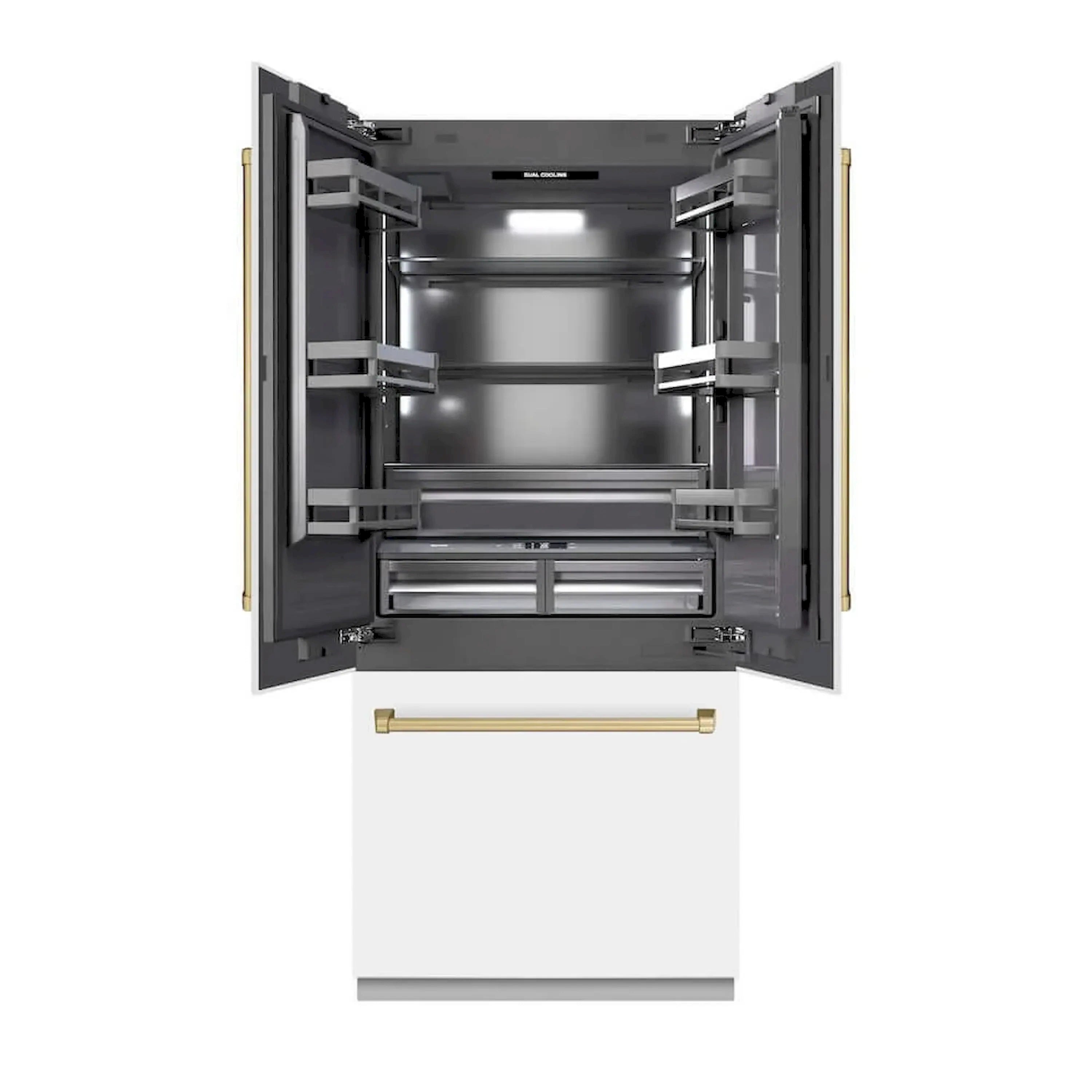 Bottom freezer refrigerator with French doors open, graphite interior shelves, and brass accents