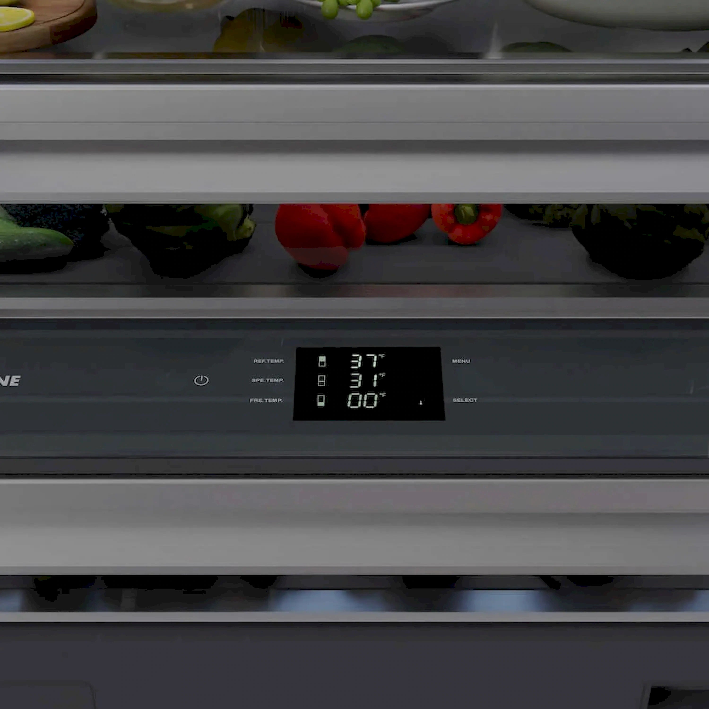 Refrigerator control panel with digital display and temperature settings