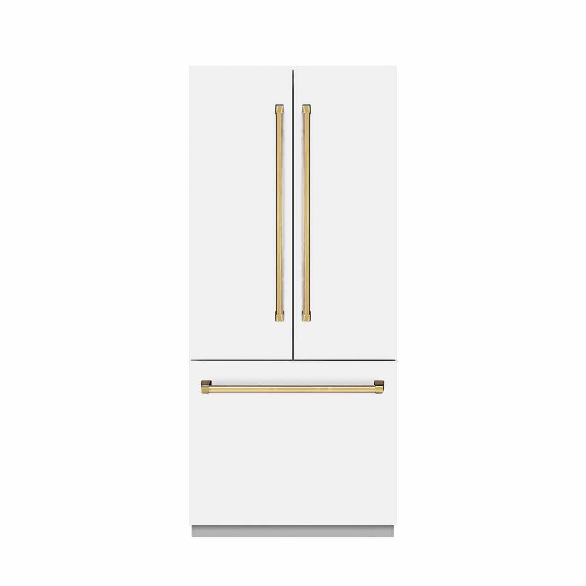 French-door refrigerator in matte white with polished gold handles and bottom freezer drawer