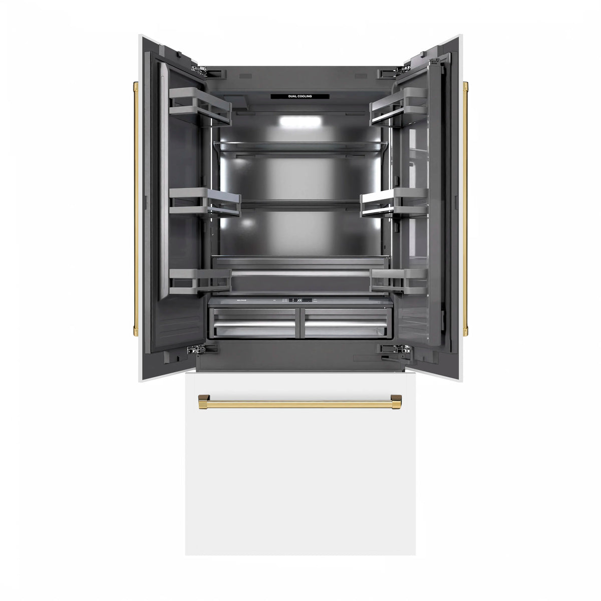 Built-in French-door bottom-freezer refrigerator with open doors and bright interior lights