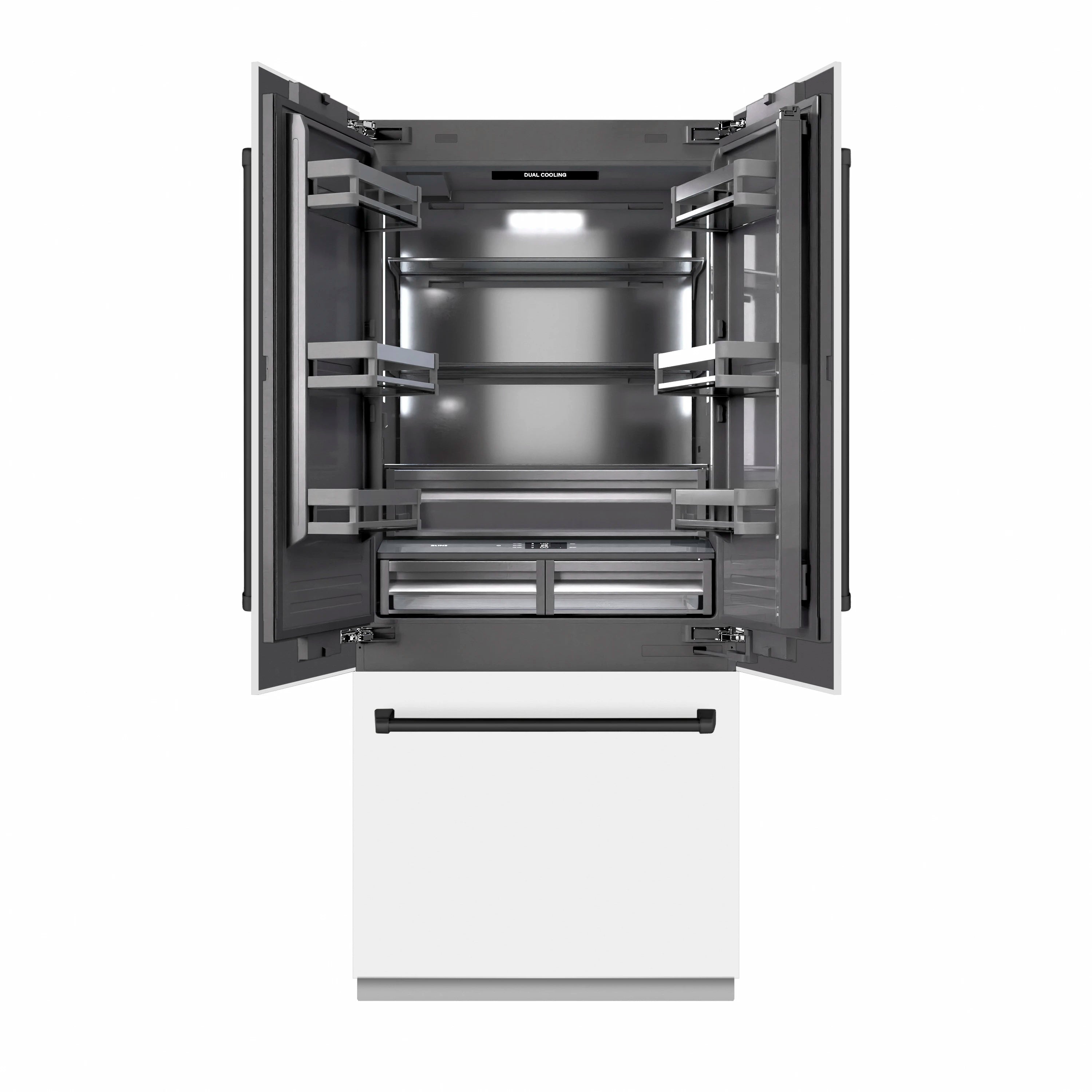 French door refrigerator interior with shelves and pull-out bin, open