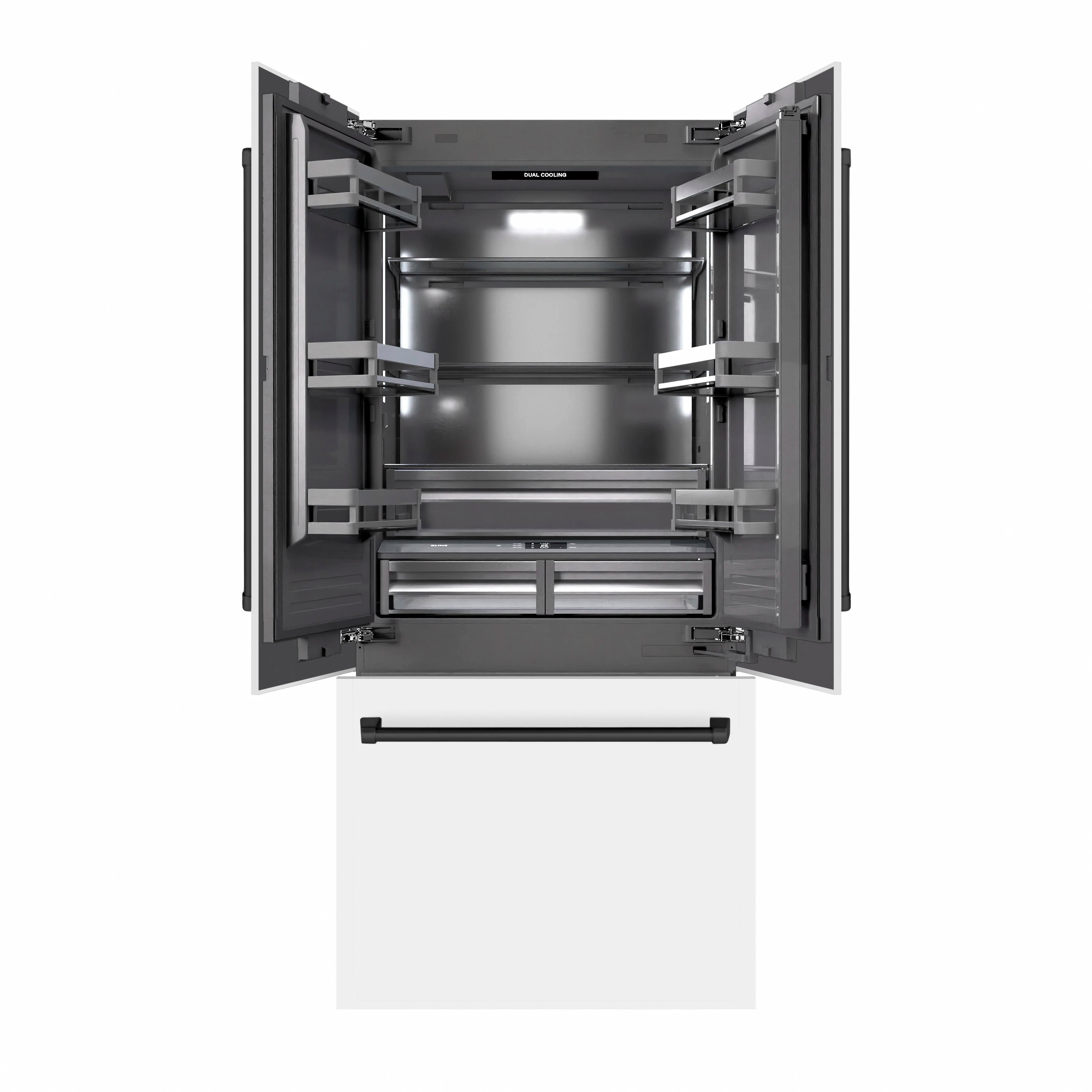 French door refrigerator interior with adjustable shelves and door bins, open