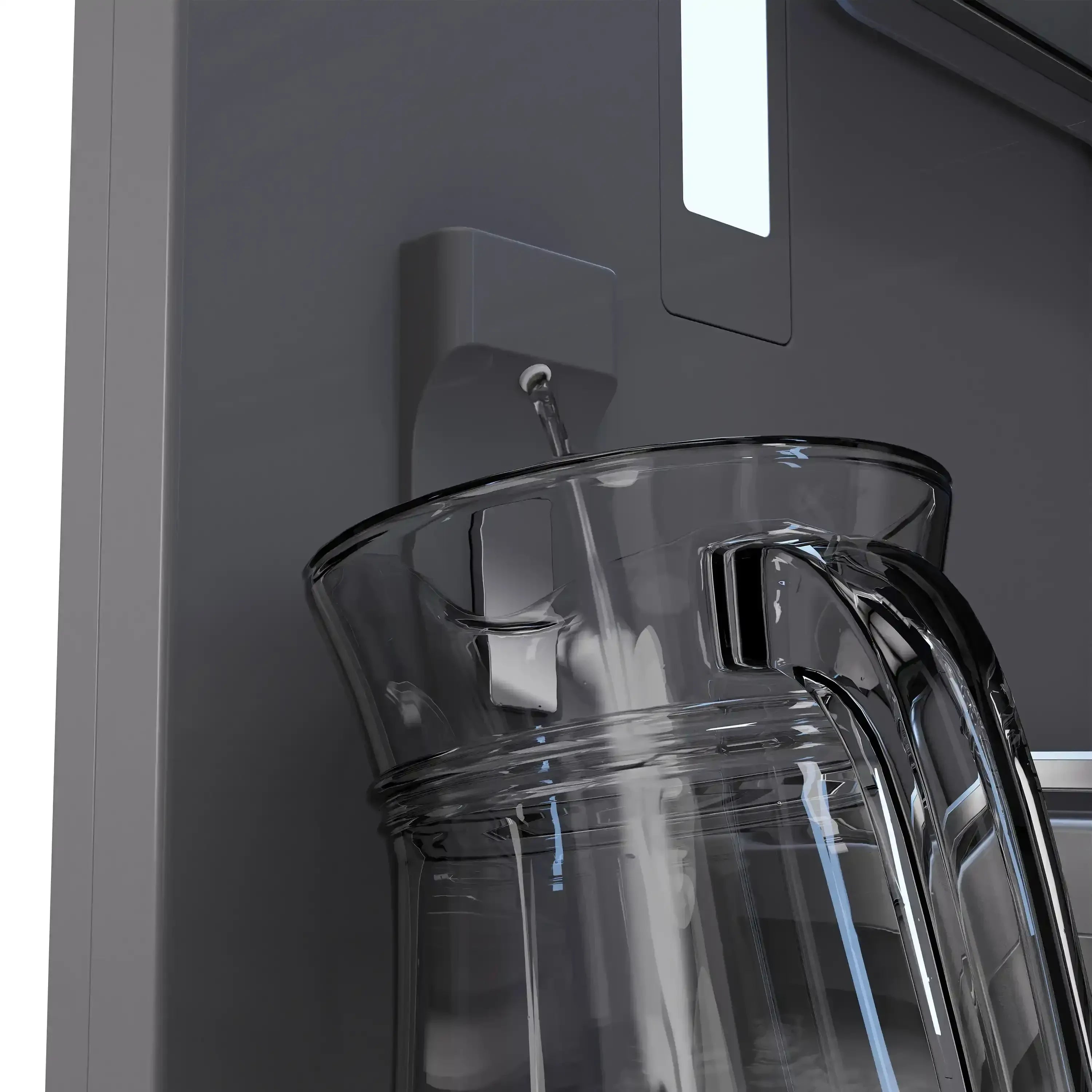 Refrigerator water dispenser spout filling a glass pitcher