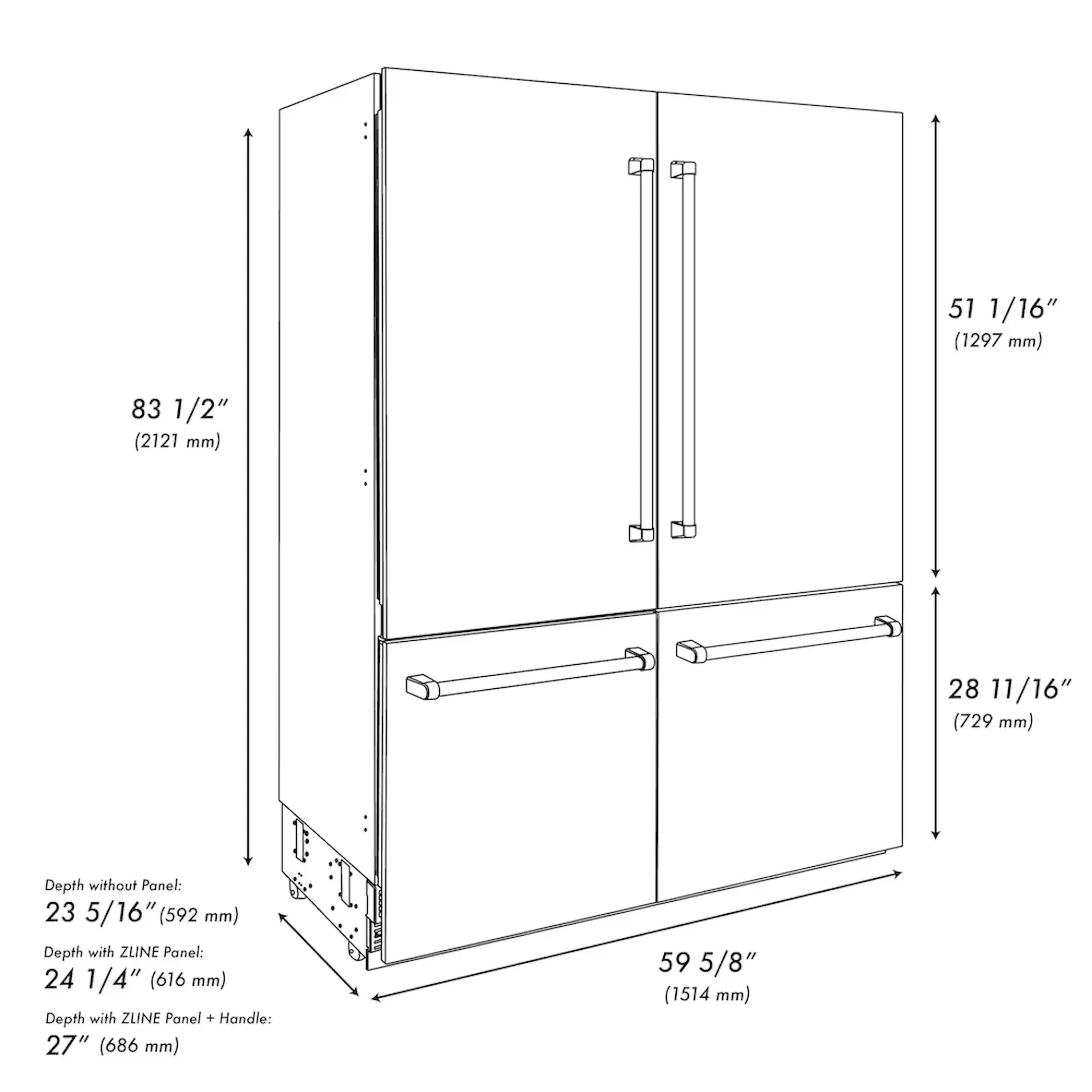 Built-in bottom freezer refrigerator with French doors, white exterior and bronze bar handles