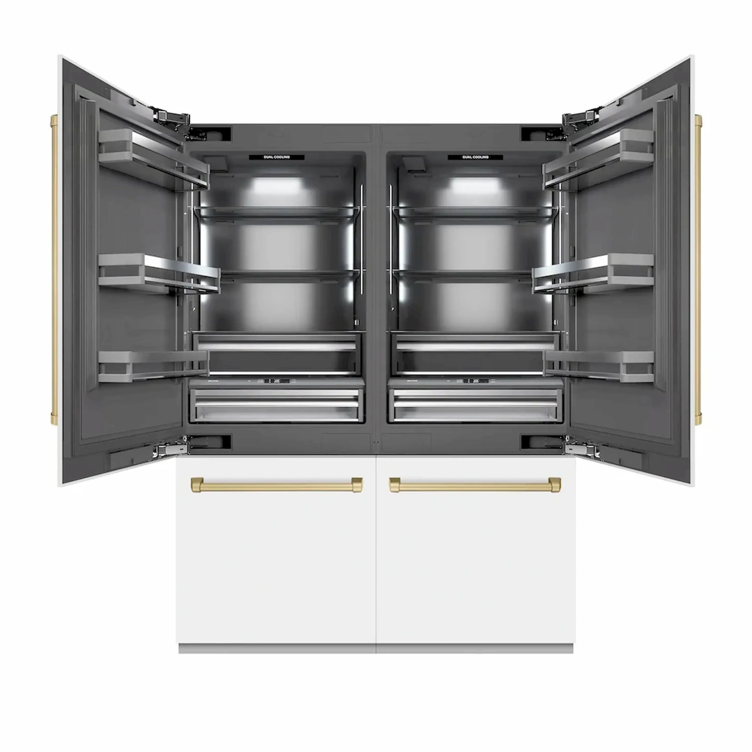 Open refrigerator doors showing gray interior shelves and bronze drawer handles