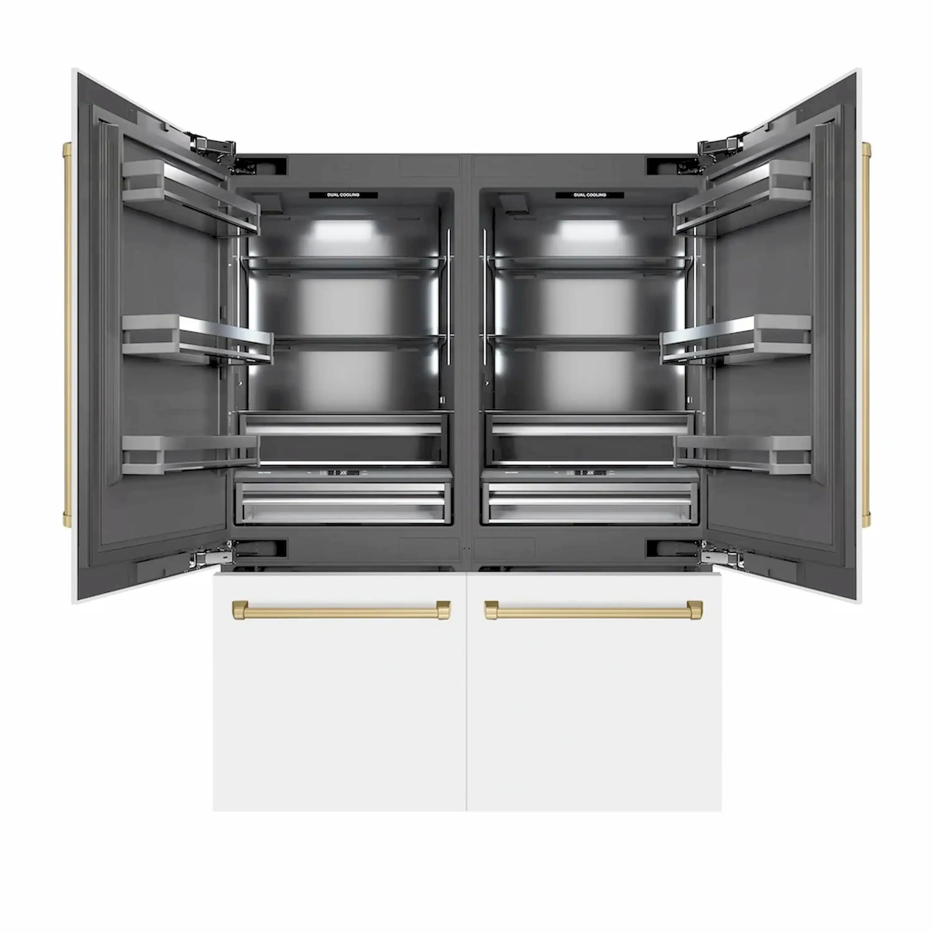 Open French door refrigerator interior with adjustable shelves and drawers
