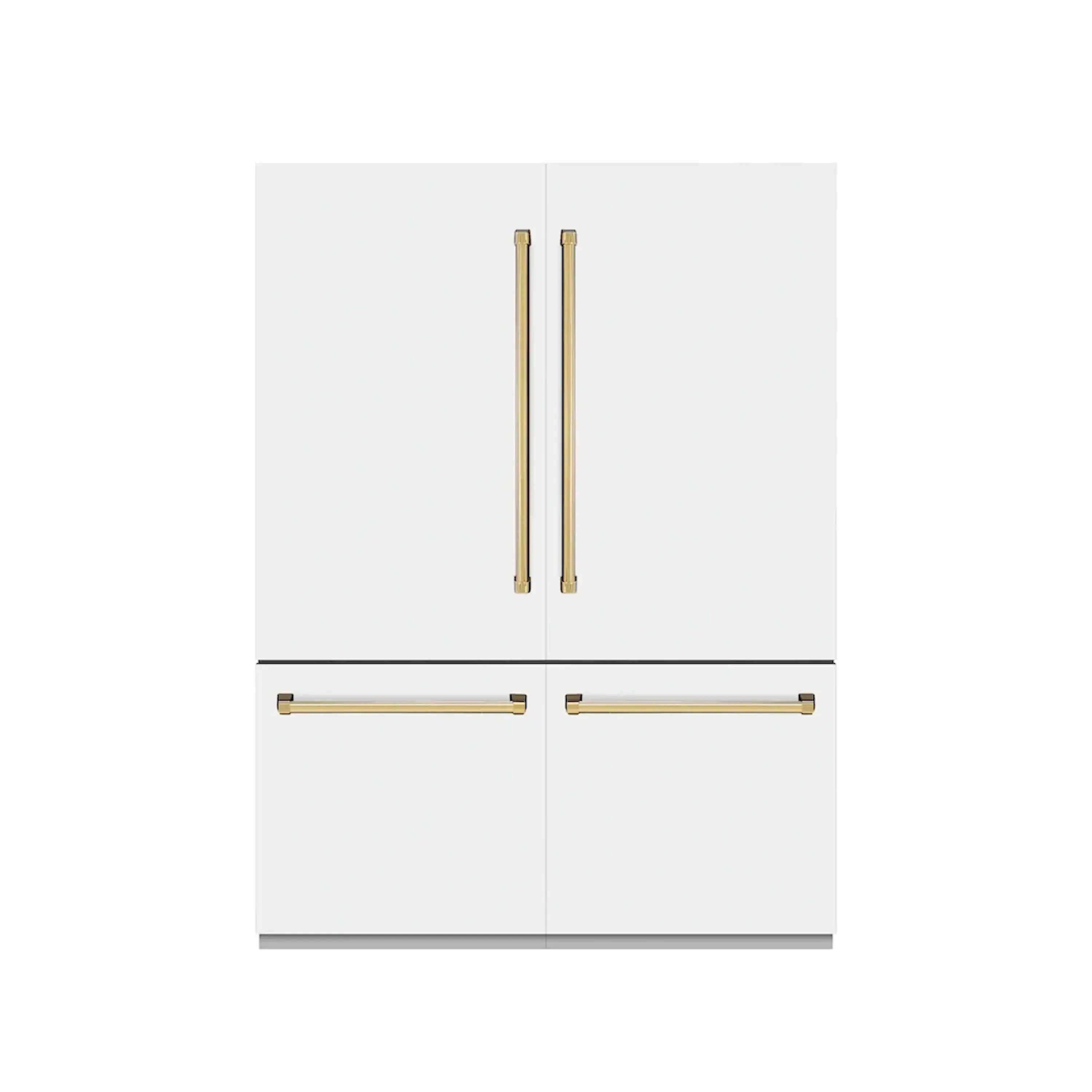 French-door refrigerator front with gold bar handles and white cabinet