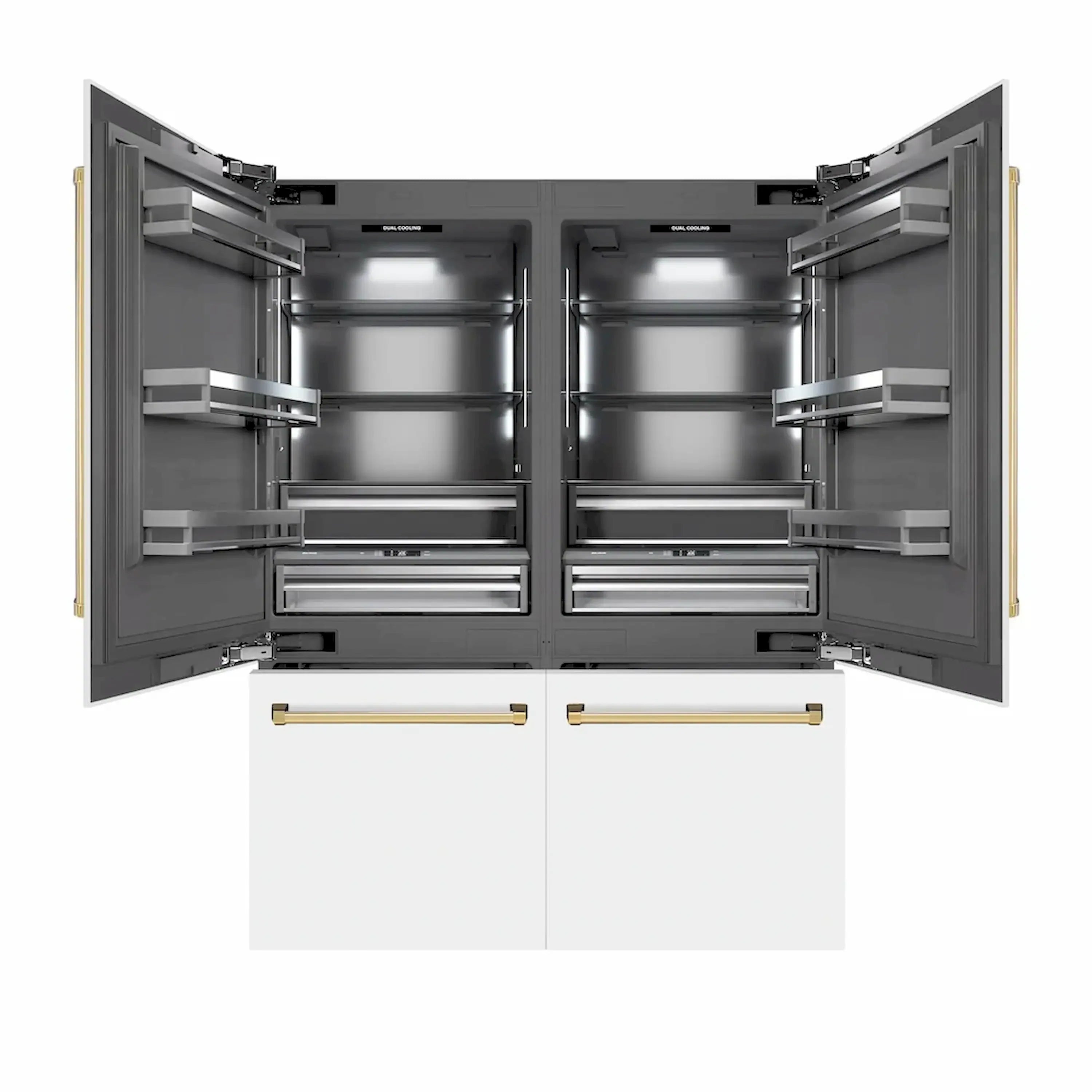 Refrigerator interior view with French doors open, shelves and two freezer drawers