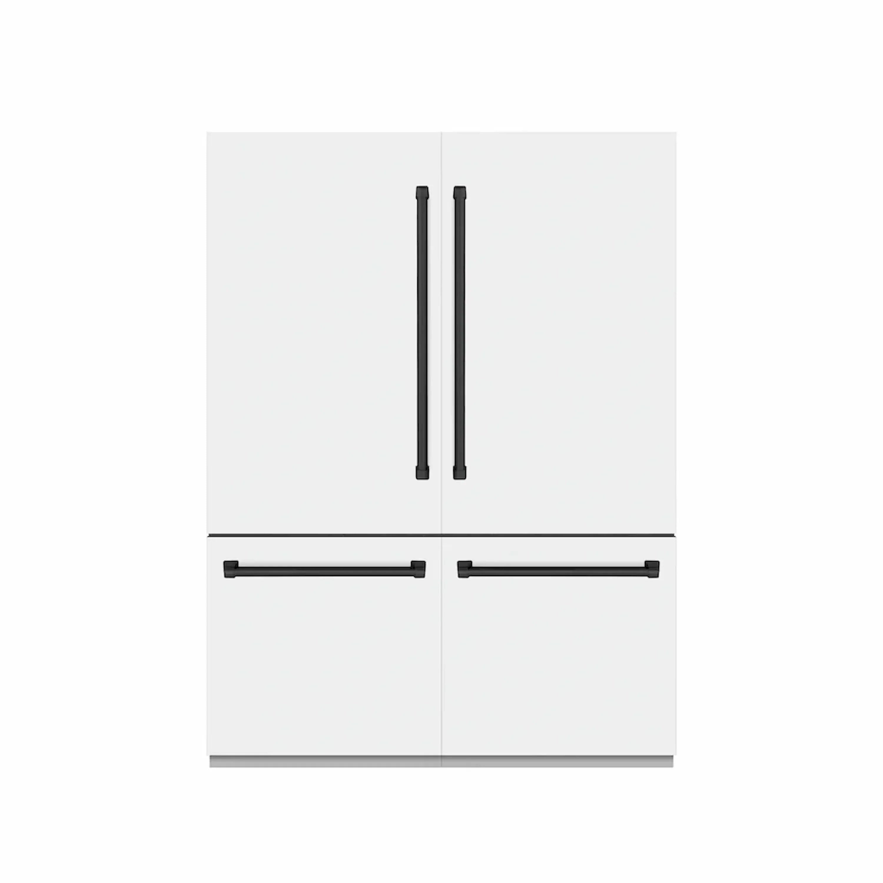 White double-door refrigerator with matte black vertical handles and center divider