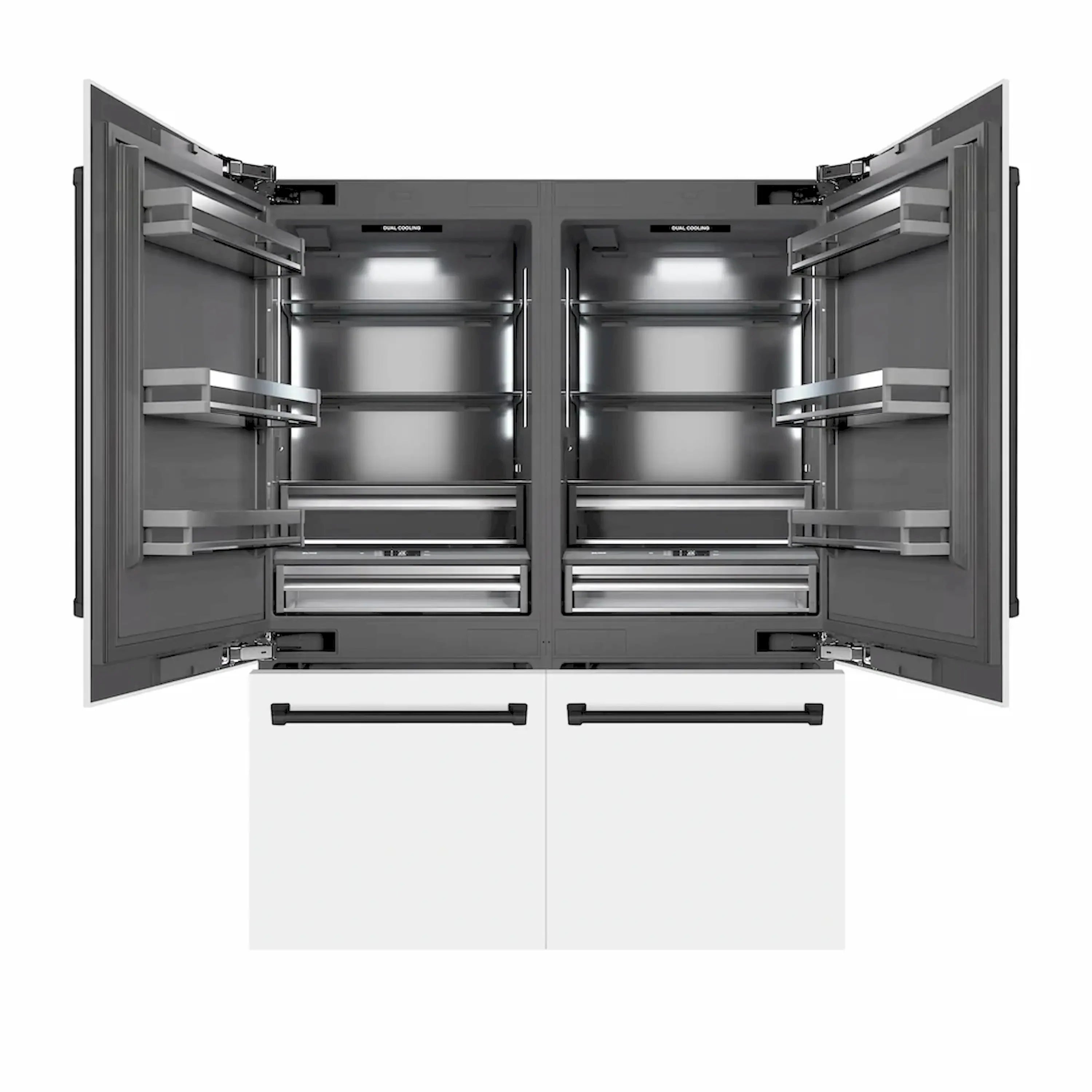 French door refrigerator with open freezer and fresh food compartments, shelves visible
