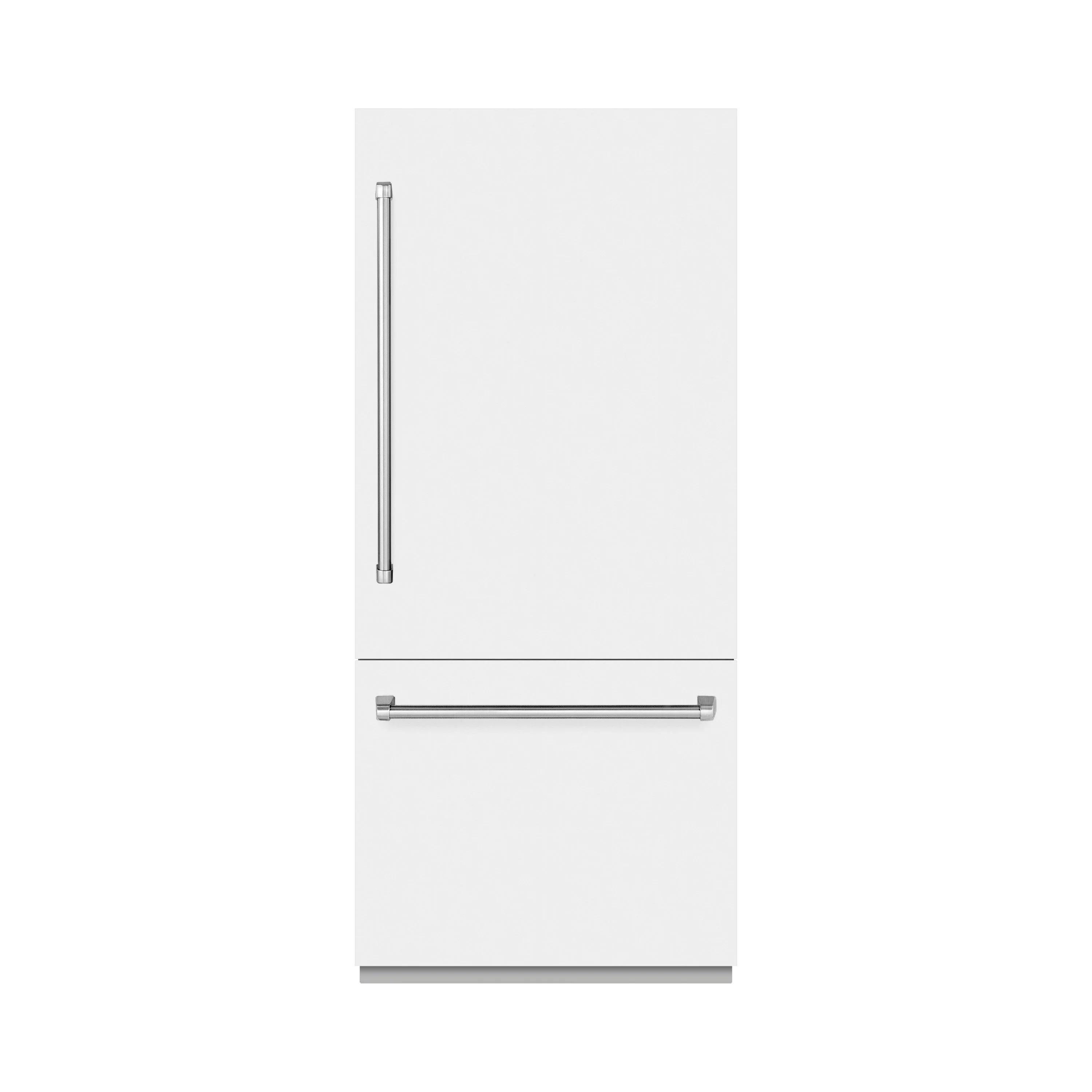 White bottom-freezer refrigerator with vertical water dispenser and stainless handles