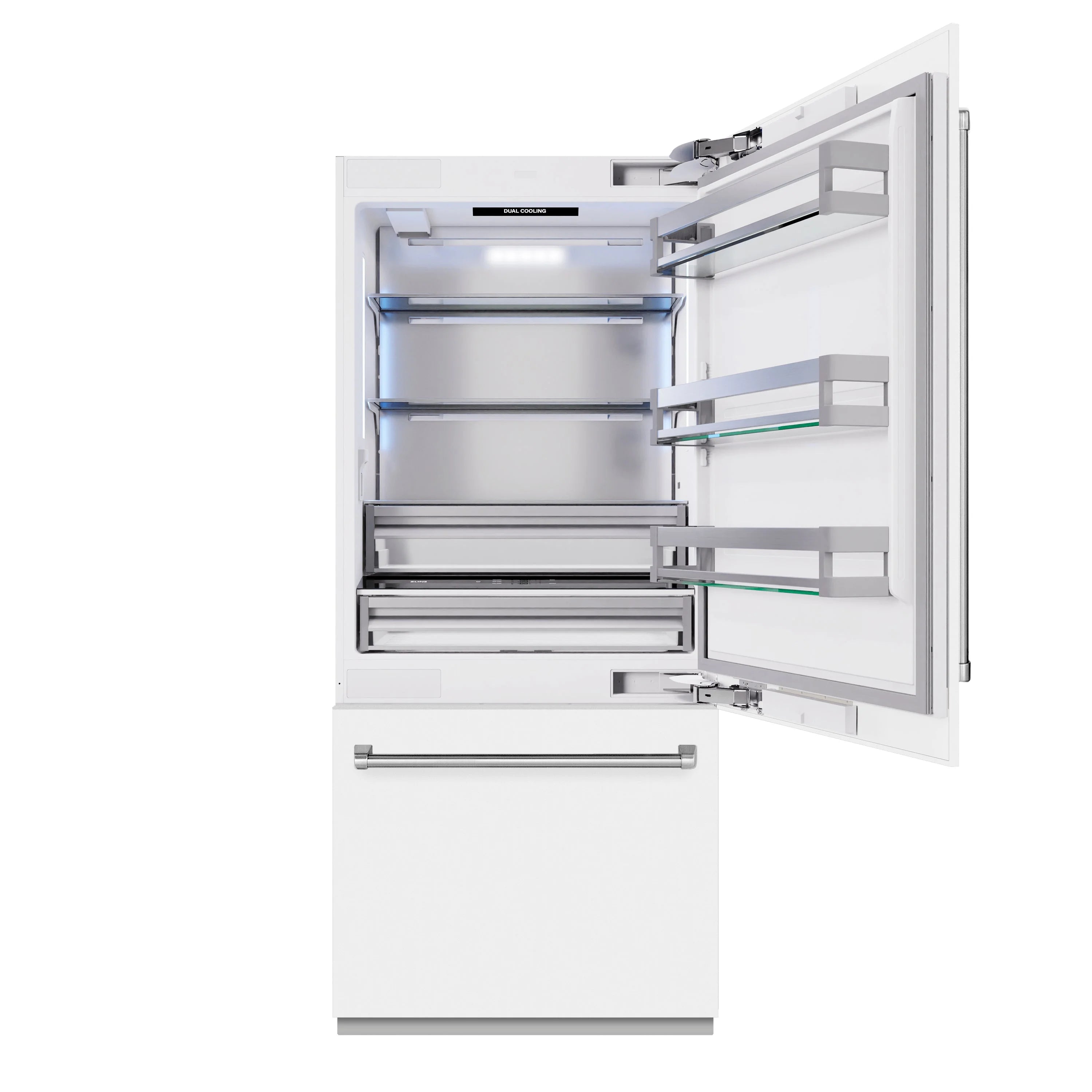 Open refrigerator showing fresh-food shelves and bottom freezer drawer with racks