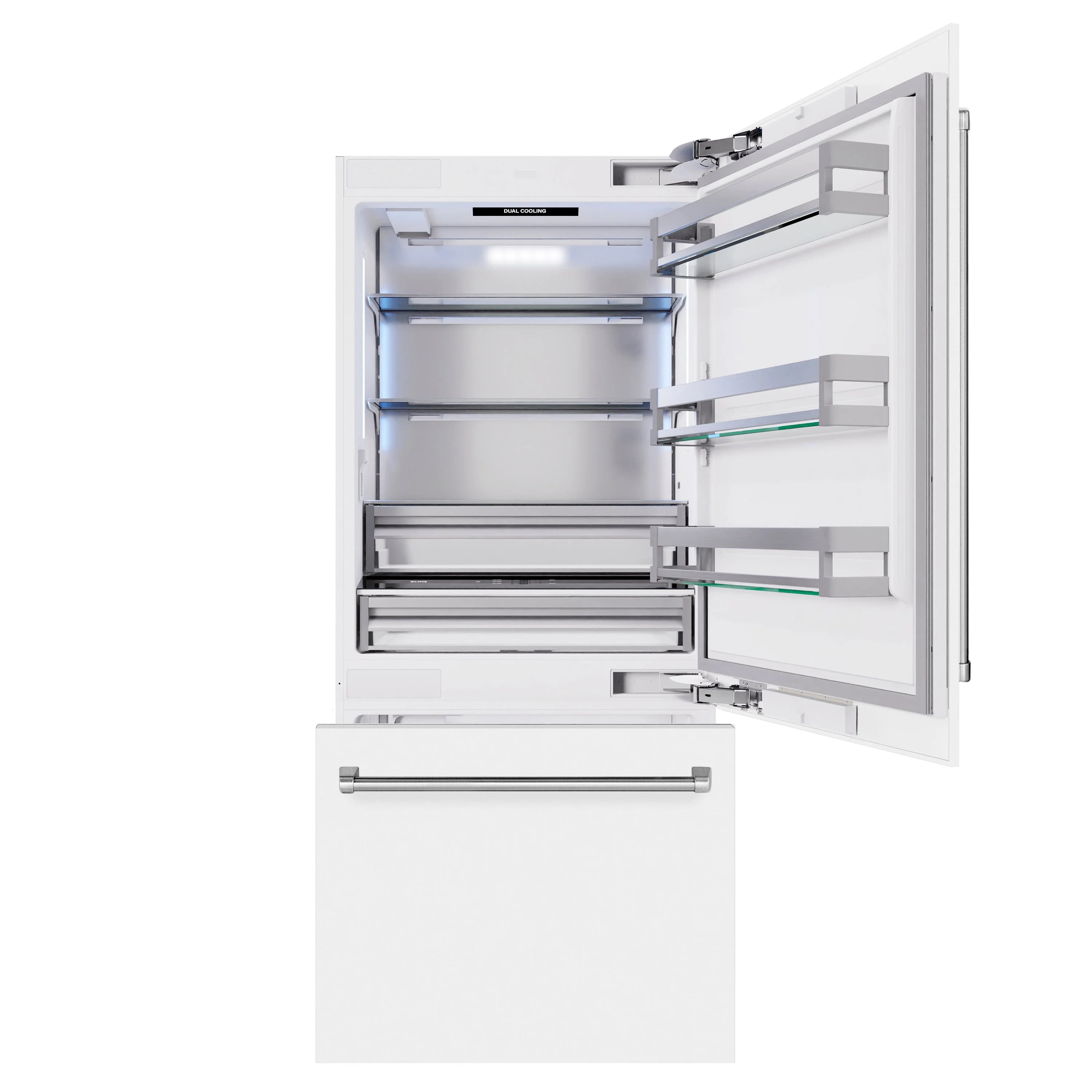 Open refrigerator interior with stacked adjustable shelves and clean door storage bins