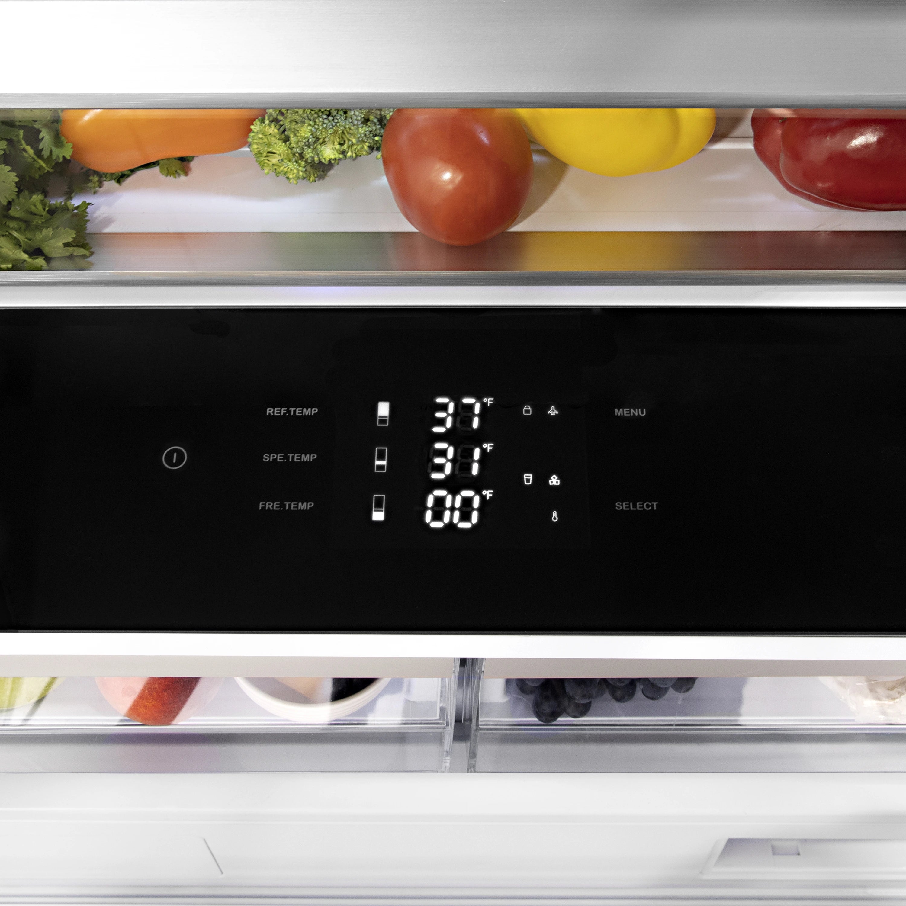 White French door refrigerator with black digital dual cooling control panel