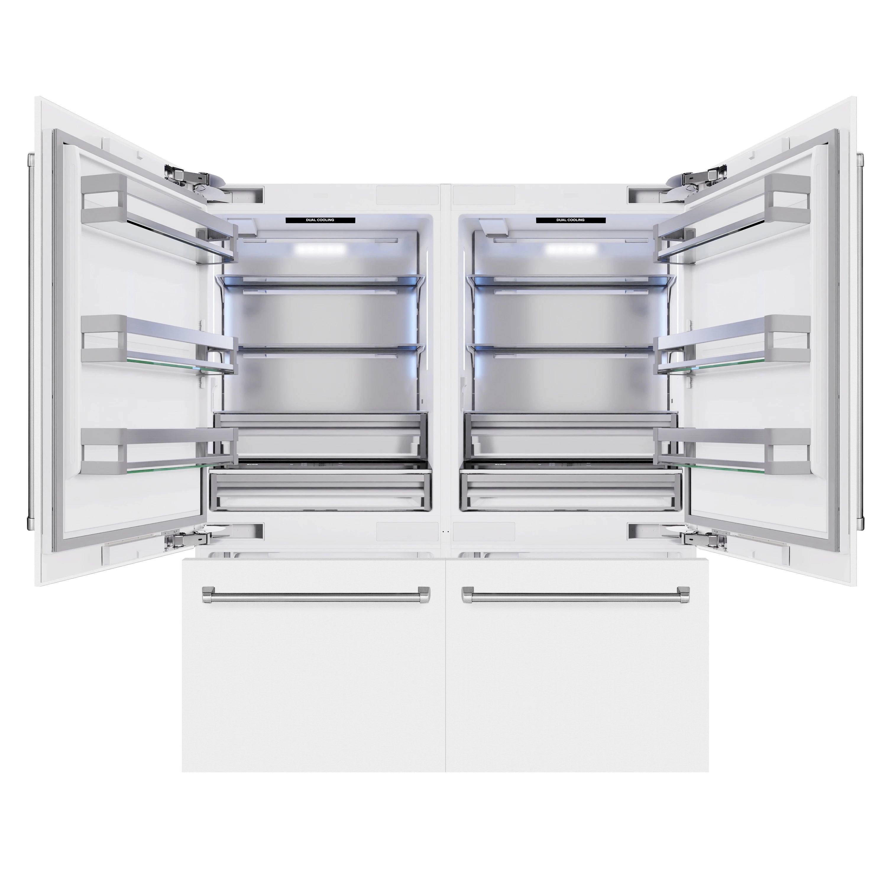 Open French door refrigerator showing shelves, bins, and freezer drawers