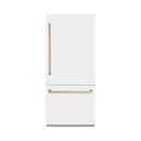 ZLINE Autograph Edition 36-Inch 19.8 Cu. Ft. Built-In Bottom Freezer Refrigerator with Water Dispenser and Ice Maker in White Matte and Champagne Bronze Accents (RBITZ-WM-36-CB)