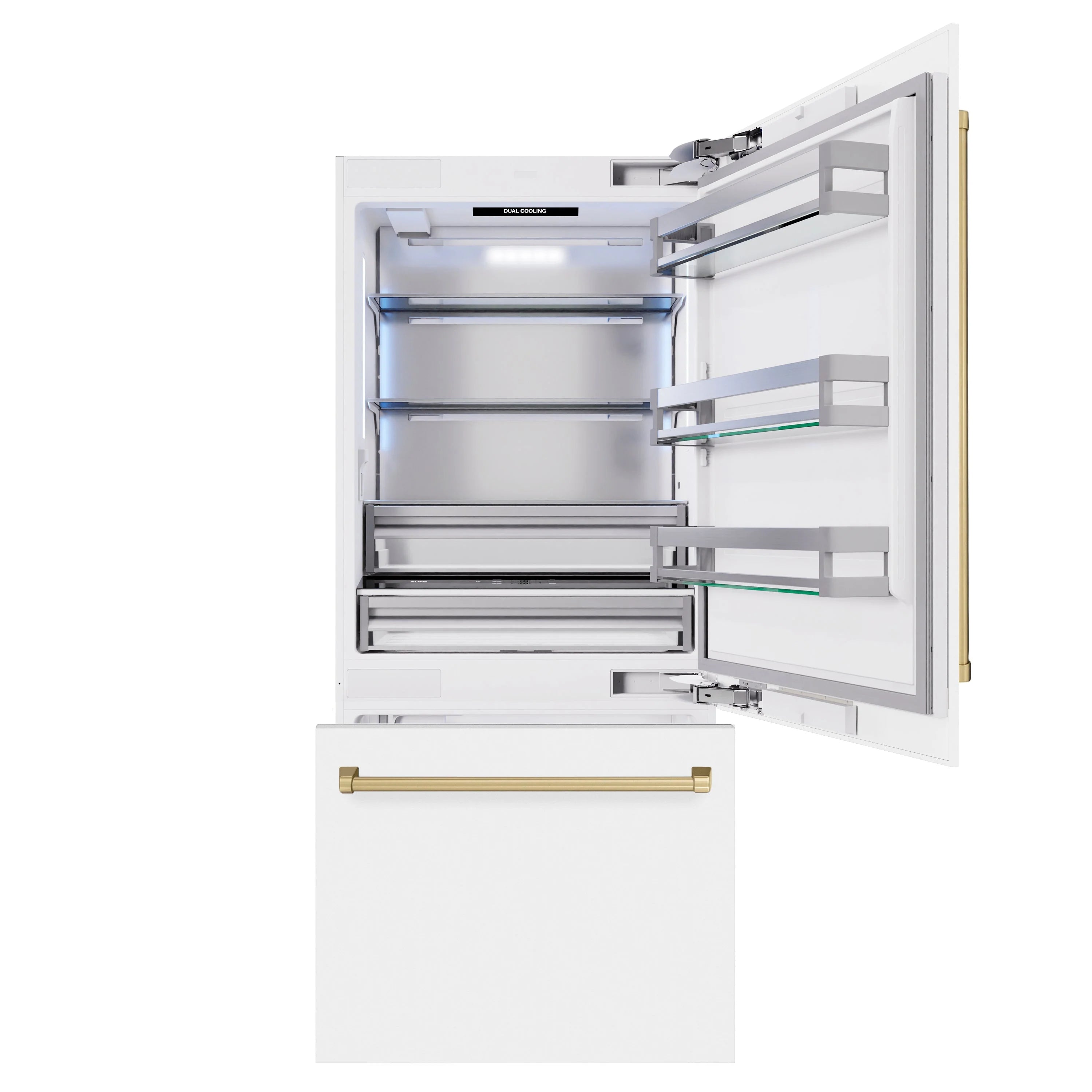 White refrigerator freezer compartment open with interior racks and drawers