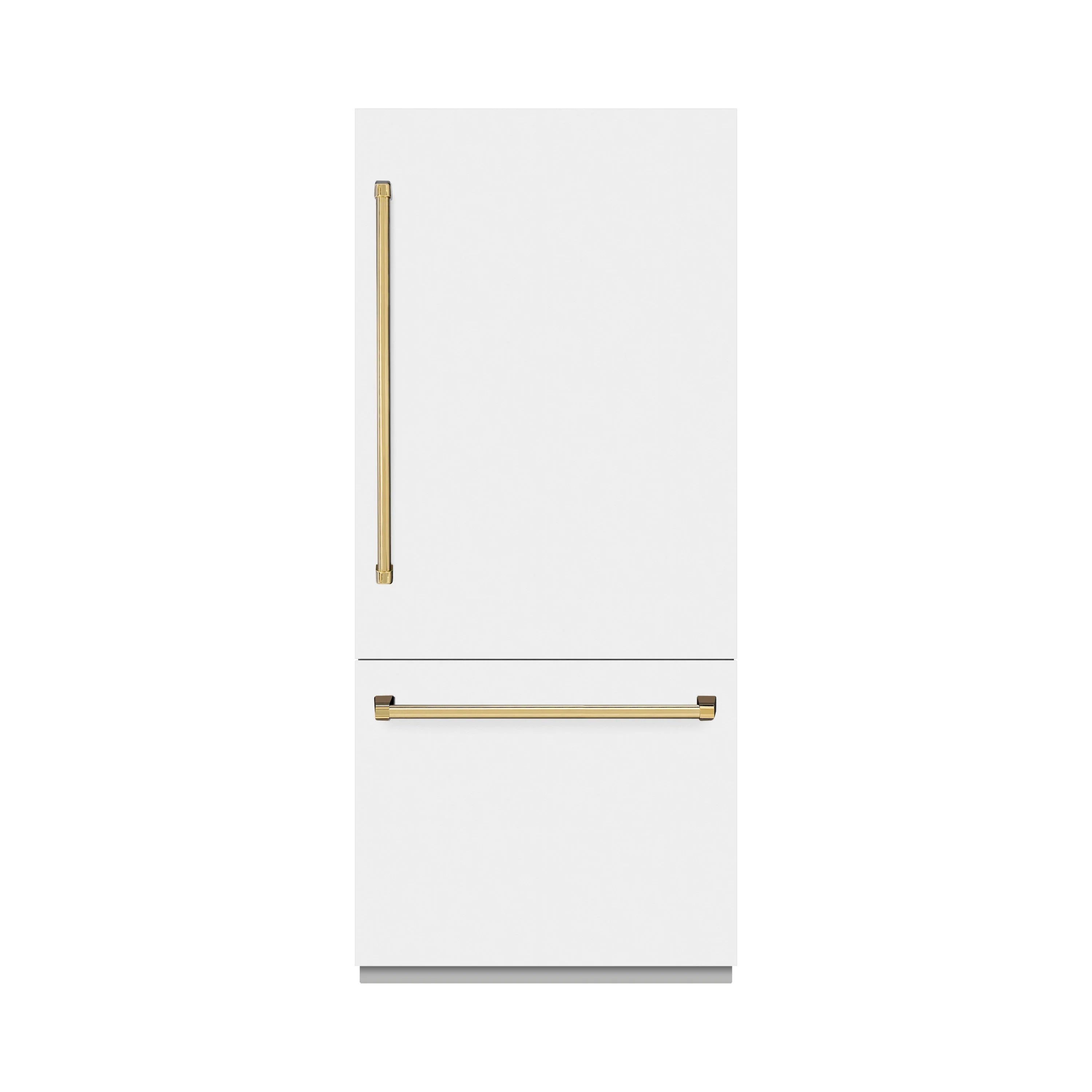 White built-in bottom freezer refrigerator with polished gold handle accents